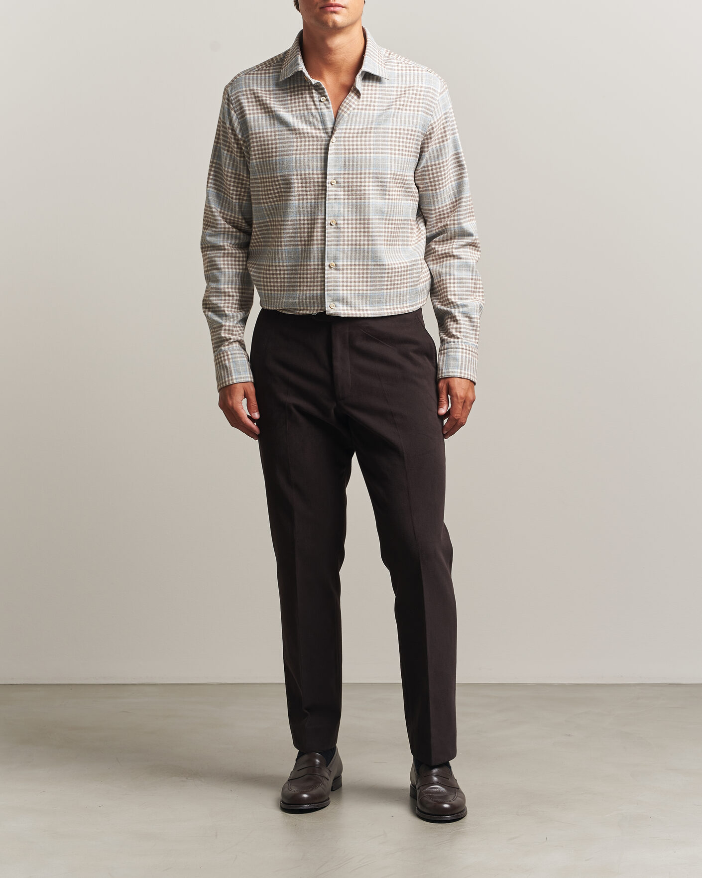 Herr | Skjortor | Stenströms | Regular Fit Overcheck Flannel Shirt Light Brown