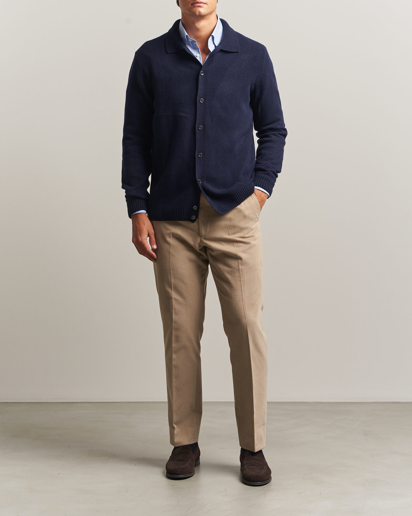 Herr | Tröjor | Stenströms | Brushed Merino Polo Cardigan Navy