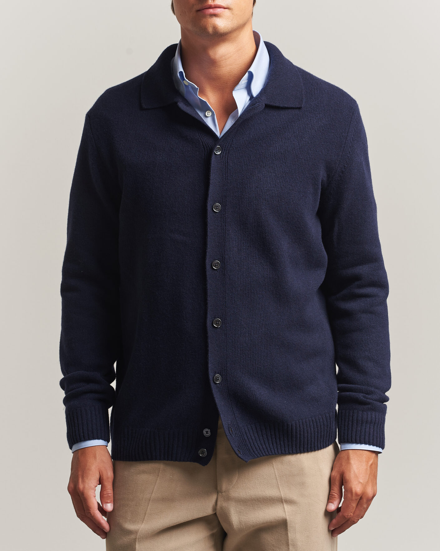 Herr | Tröjor | Stenströms | Brushed Merino Polo Cardigan Navy