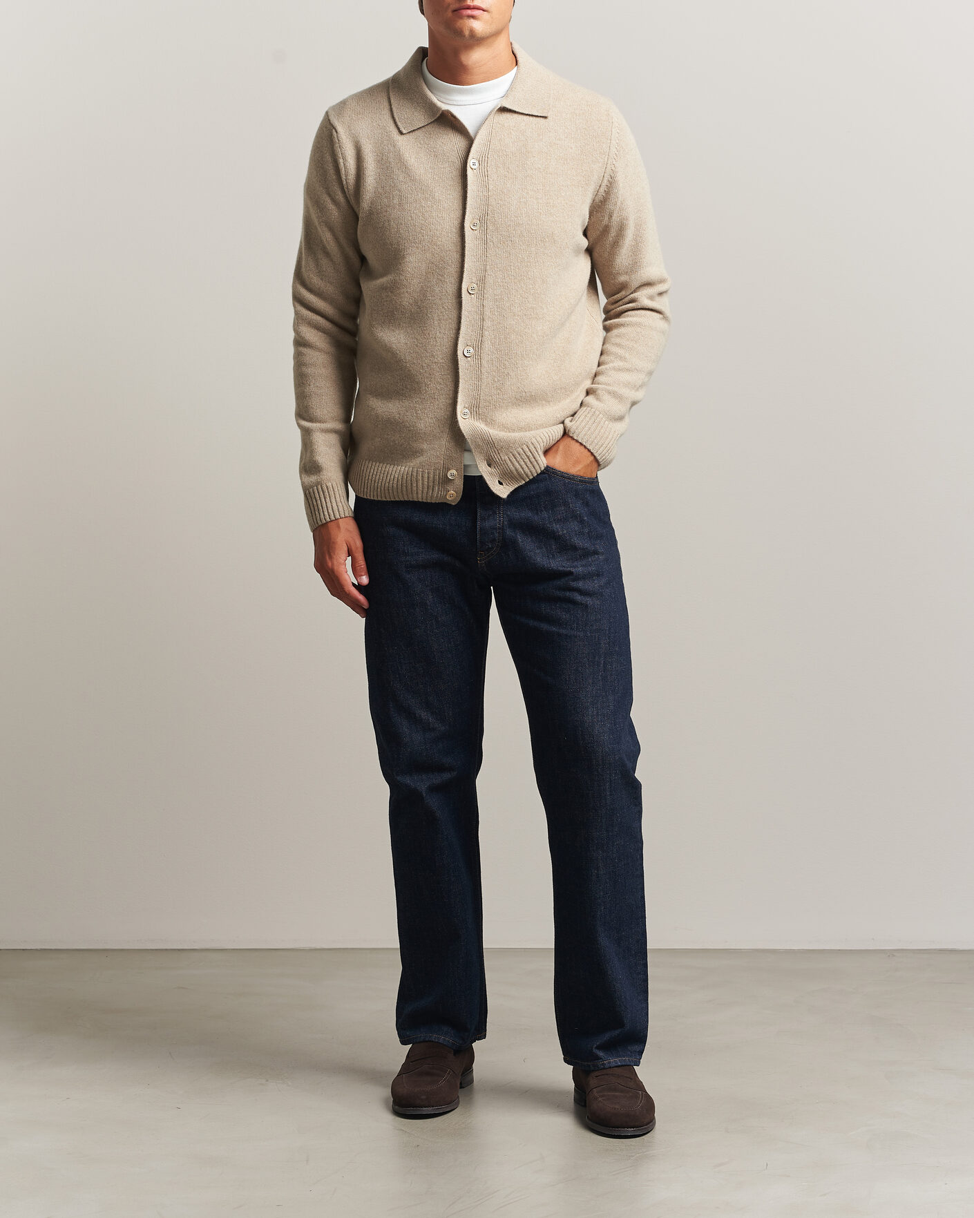 Herr | Tröjor | Stenströms | Brushed Merino Polo Cardigan Beige