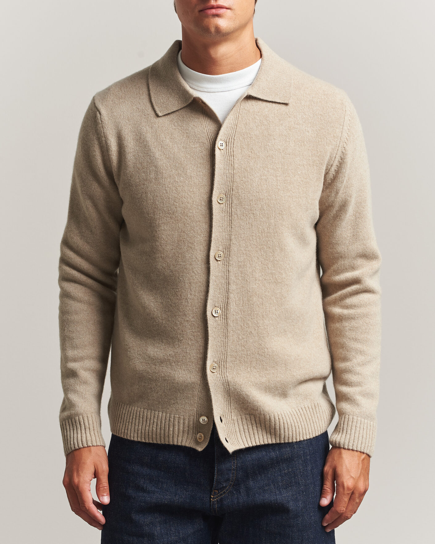 Herr | Tröjor | Stenströms | Brushed Merino Polo Cardigan Beige