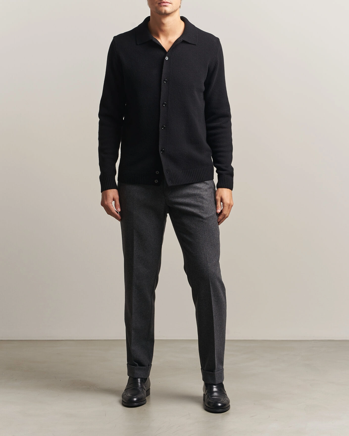 Herr | Tröjor | Stenströms | Brushed Merino Polo Cardigan Black