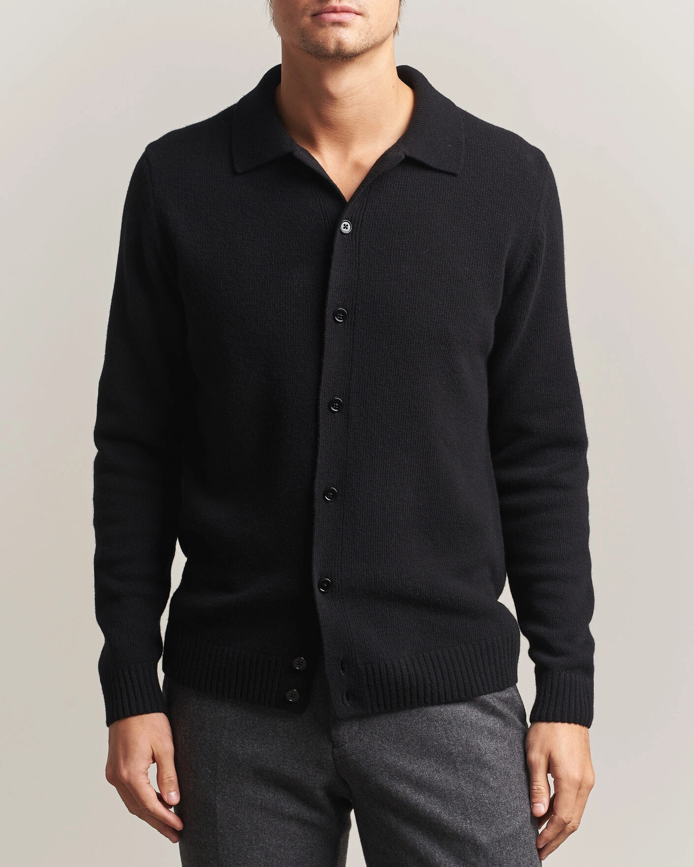 Herr | Tröjor | Stenströms | Brushed Merino Polo Cardigan Black