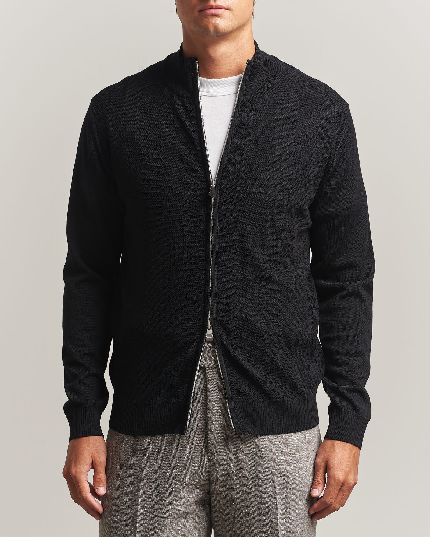 Herr | Tröjor | Stenströms | Merino Herringbone Full Zip Black