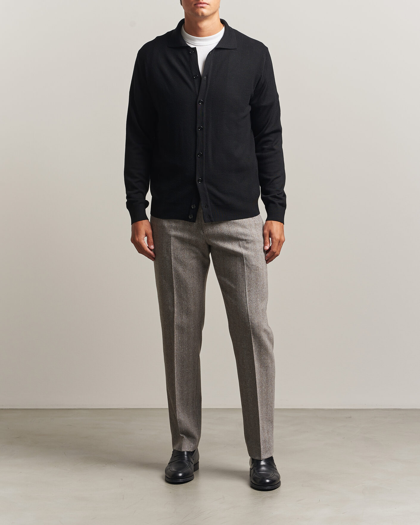 Herr | Tröjor | Stenströms | Merino Herringbone Polo Cardigan Black