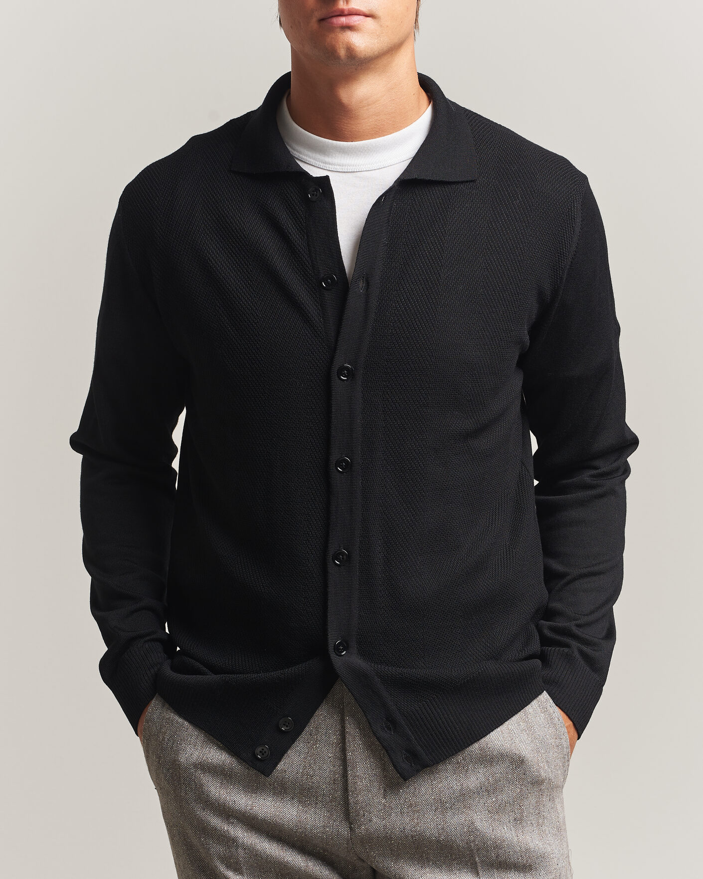 Herr | Tröjor | Stenströms | Merino Herringbone Polo Cardigan Black