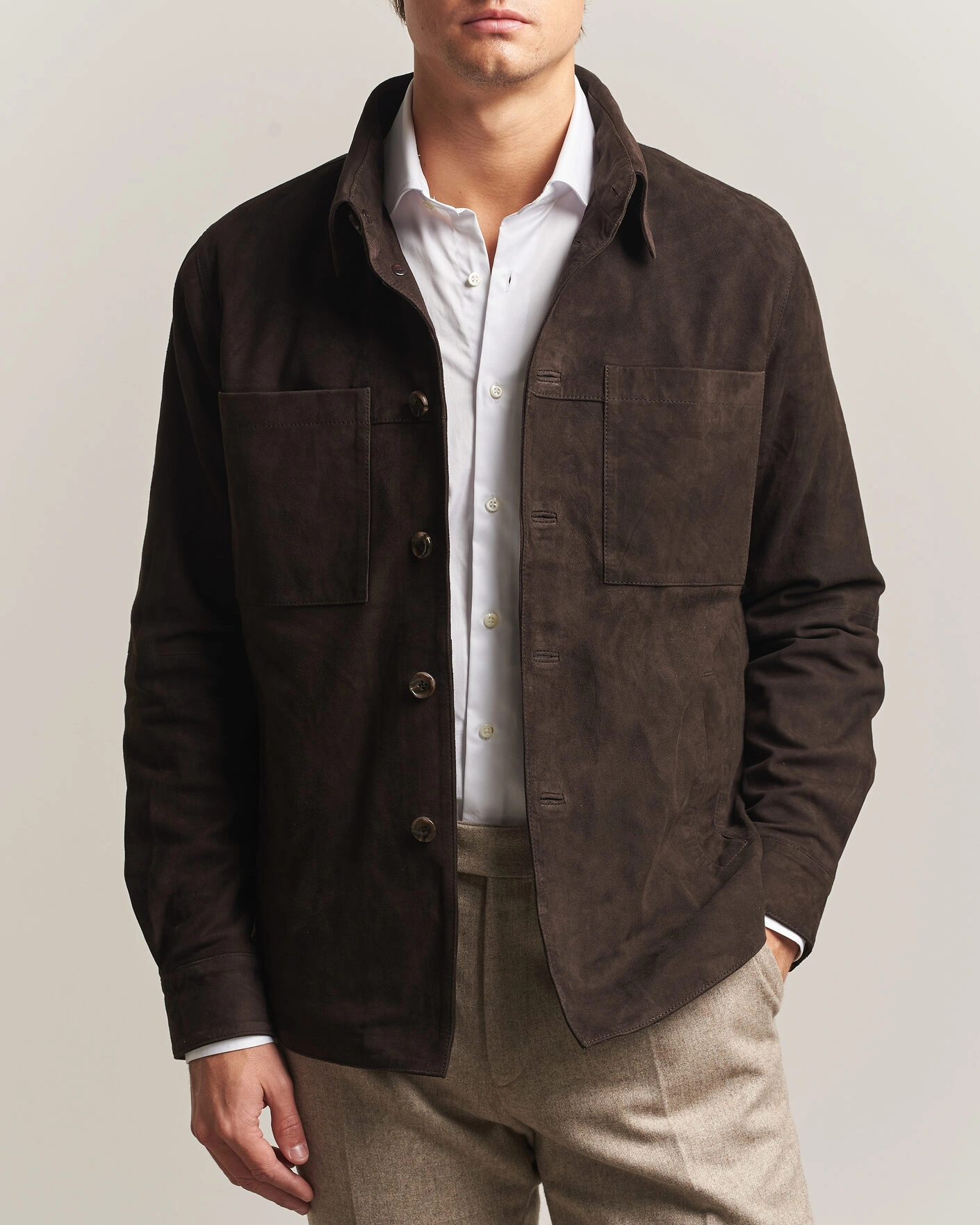 Herr | Skjortor | Stenströms | Goat Suede Overshirt Dark Brown