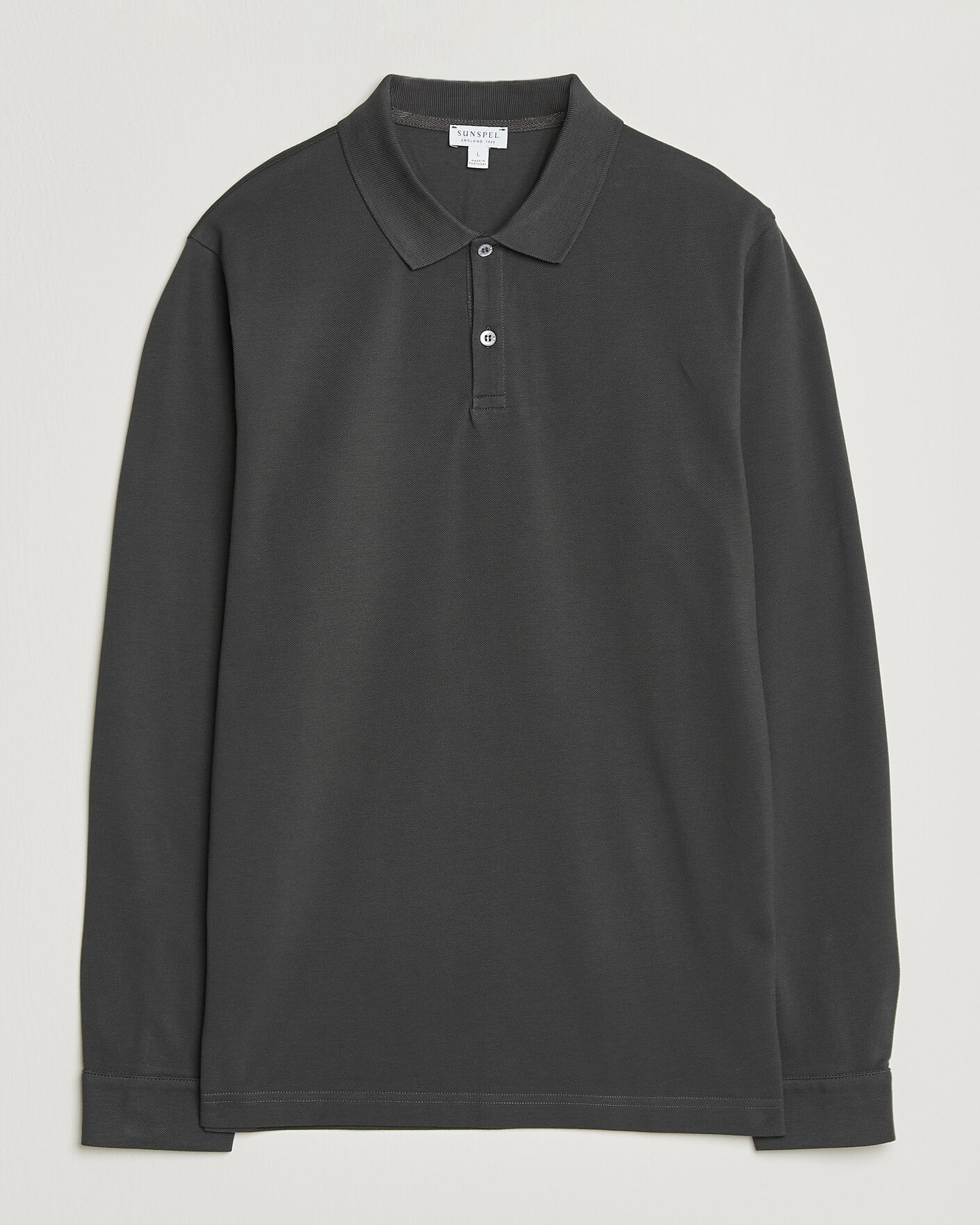 Herr | Pikéer | Sunspel | Supima Cotton Long Sleeve Pique Polo Anthracite