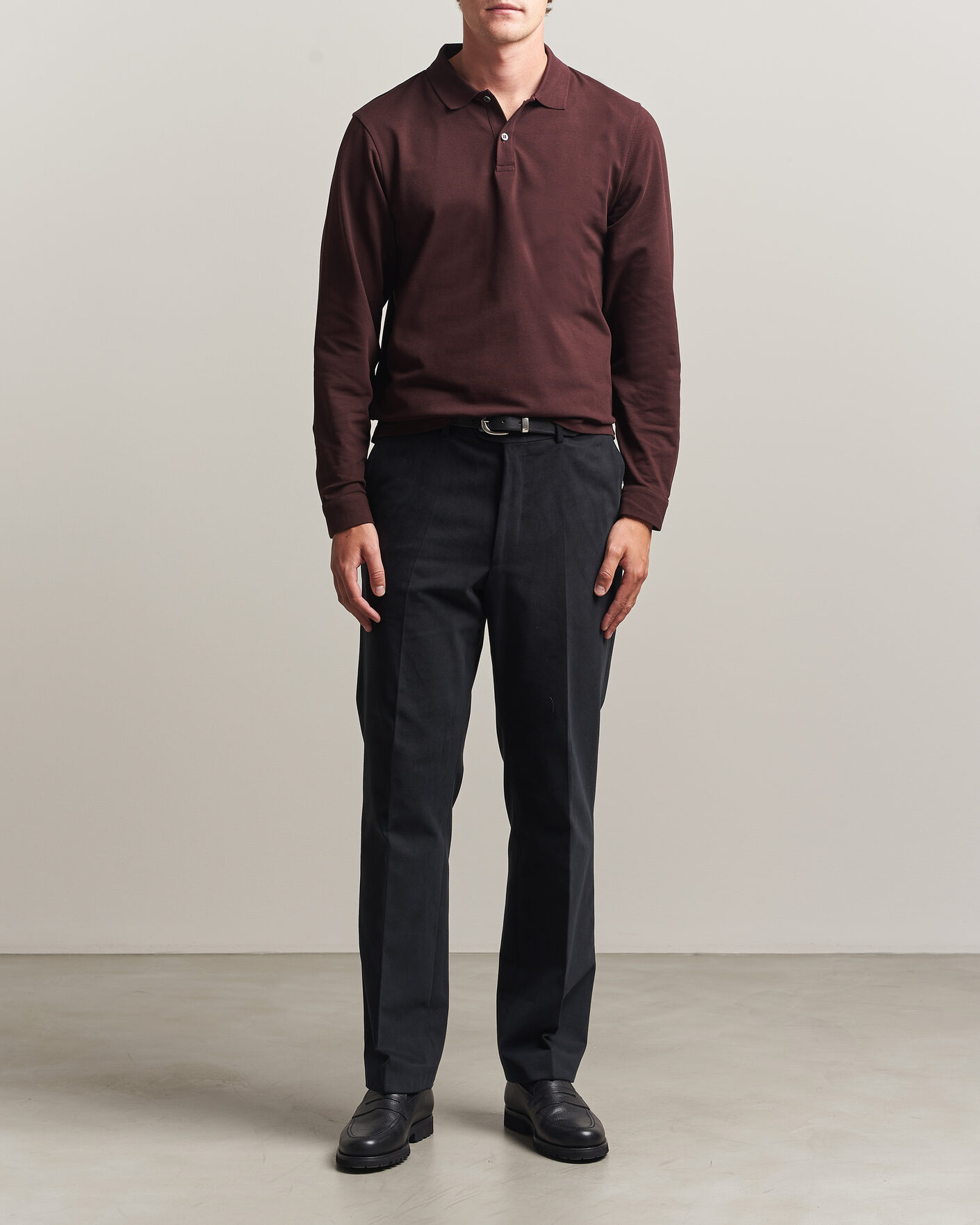 Herr | Pikéer | Sunspel | Supima Cotton Long Sleeve Pique Polo Dark Brown
