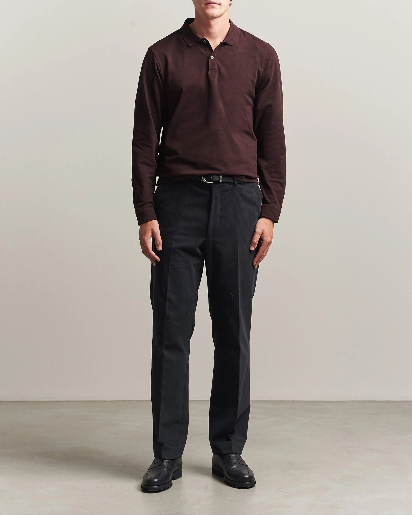 Herr | Pikéer | Sunspel | Supima Cotton Long Sleeve Pique Polo Dark Brown