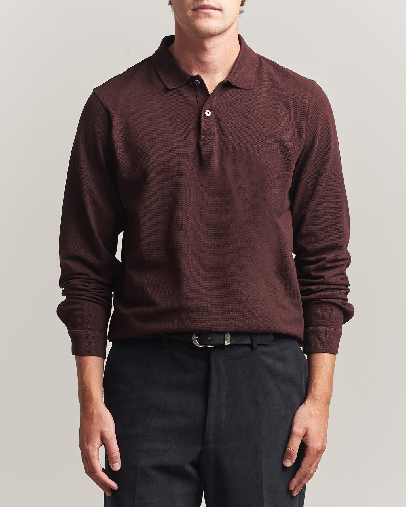 Herr | Pikéer | Sunspel | Supima Cotton Long Sleeve Pique Polo Dark Brown