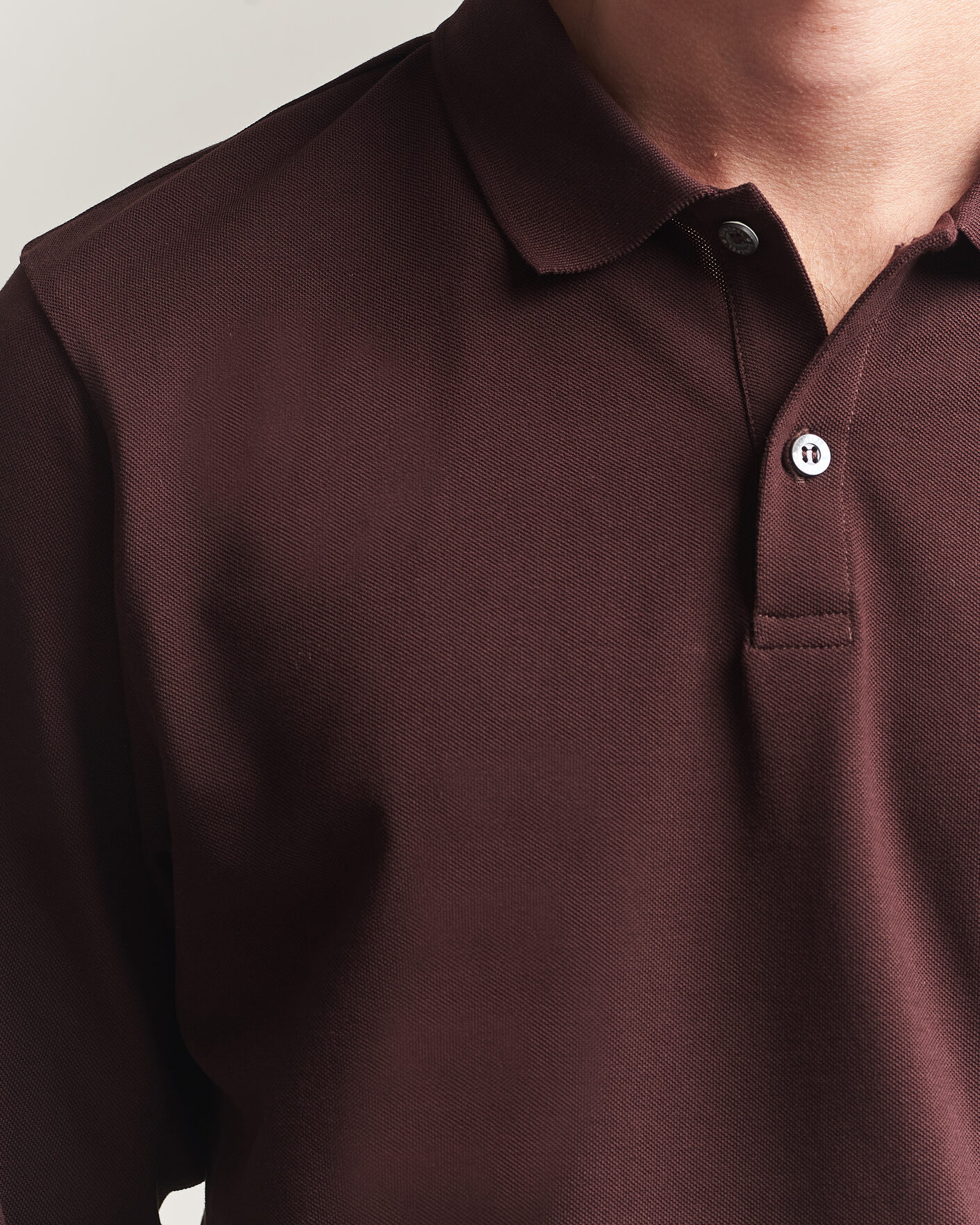 Herr | Pikéer | Sunspel | Supima Cotton Long Sleeve Pique Polo Dark Brown