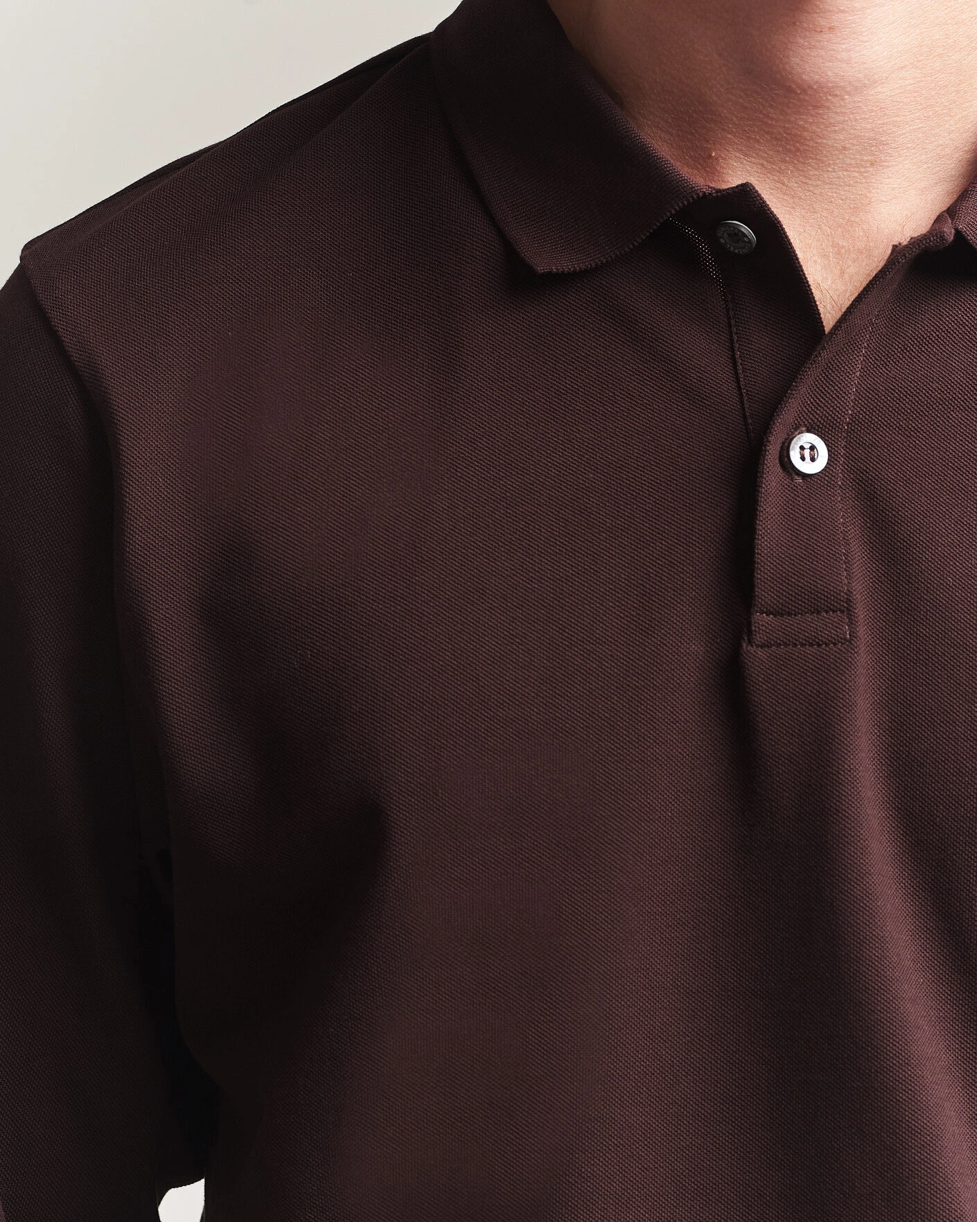 Herr | Pikéer | Sunspel | Supima Cotton Long Sleeve Pique Polo Dark Brown