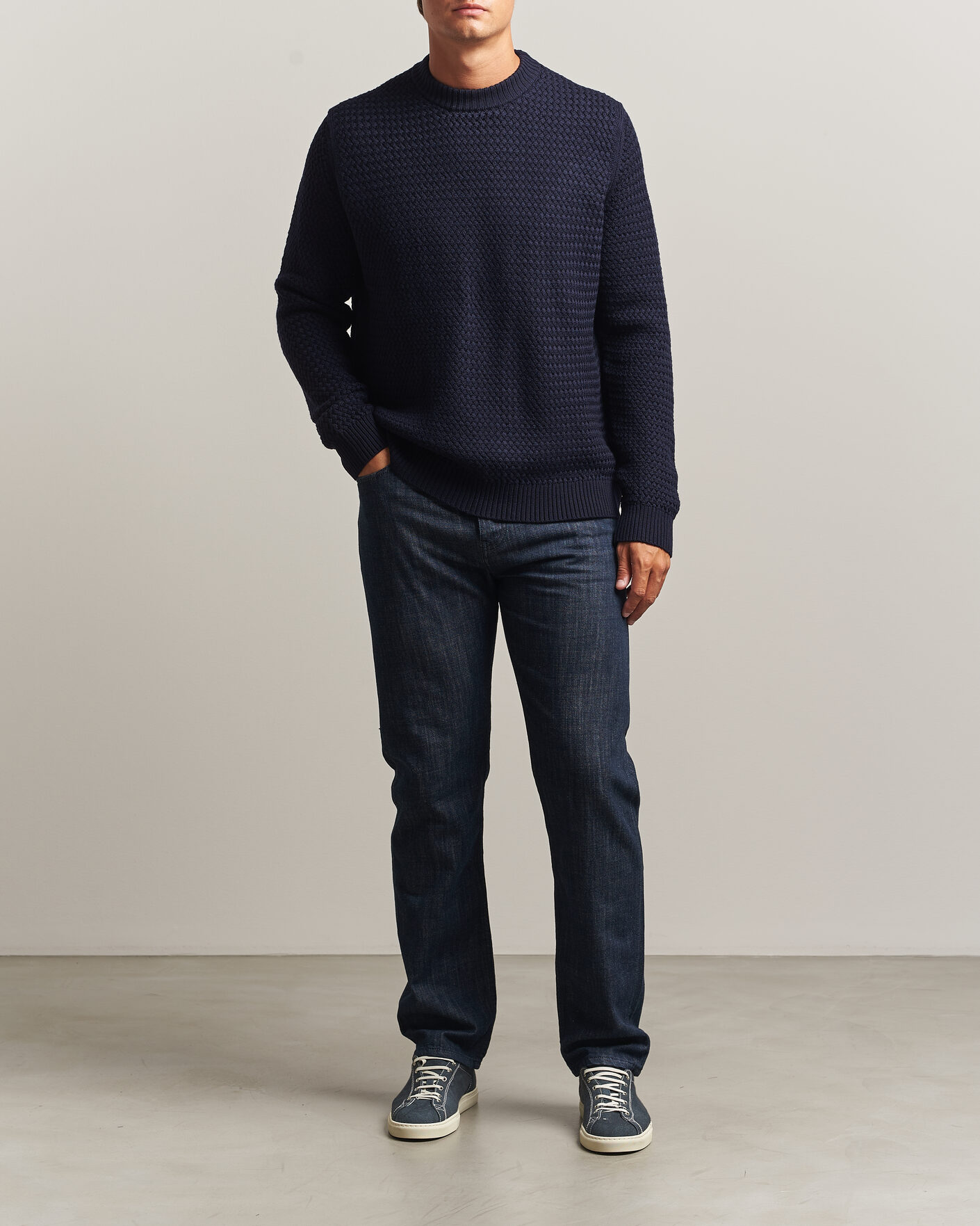 Herr | Tröjor | Sunspel | Merino Basketweave Stitch Jumper Navy