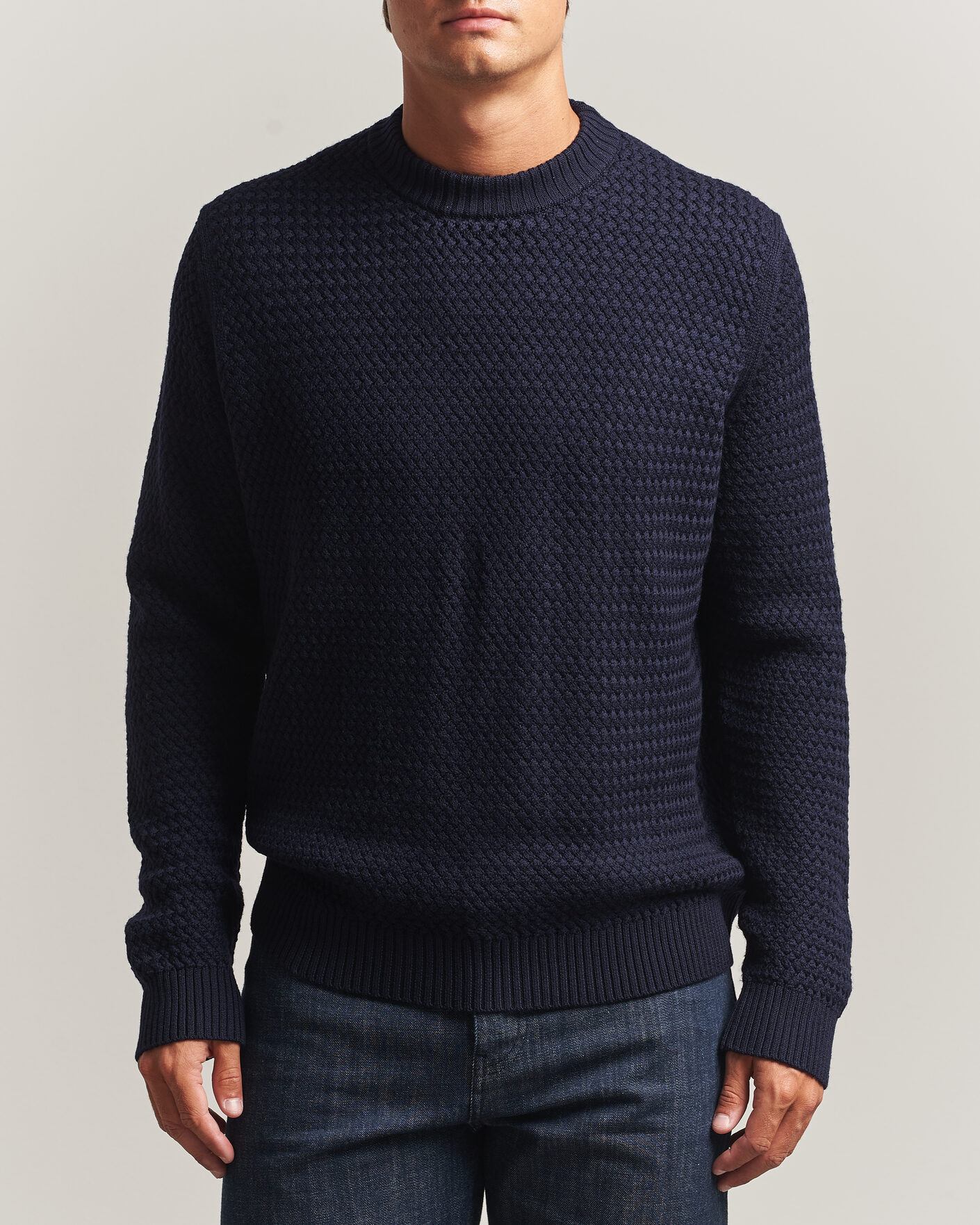 Herr | Tröjor | Sunspel | Merino Basketweave Stitch Jumper Navy