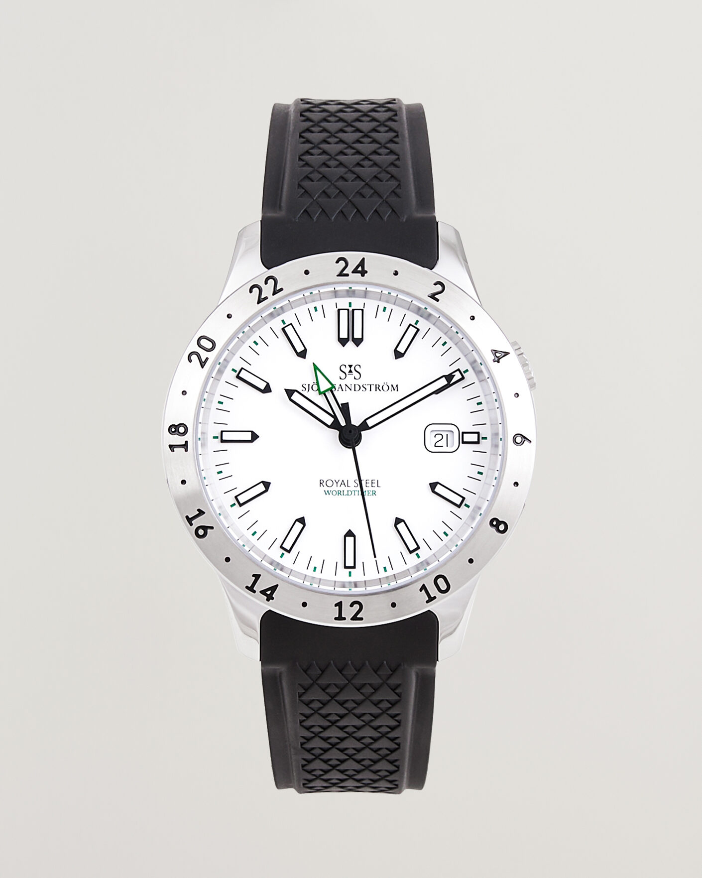 Herr | Sjöö Sandström Royal Steel Worldtimer 41mm Black Rubber White Dial | Sjöö Sandström | Royal Steel Worldtimer 41mm Black Rubber White Dial