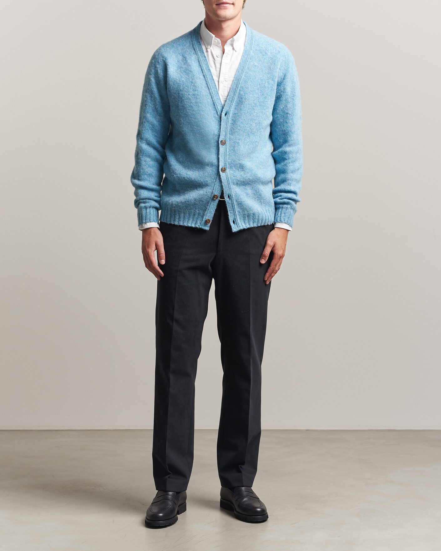 Herr | Tröjor | Harley Of Scotland | Brushed Supersoft Lambswool Cardigan Loch Blue