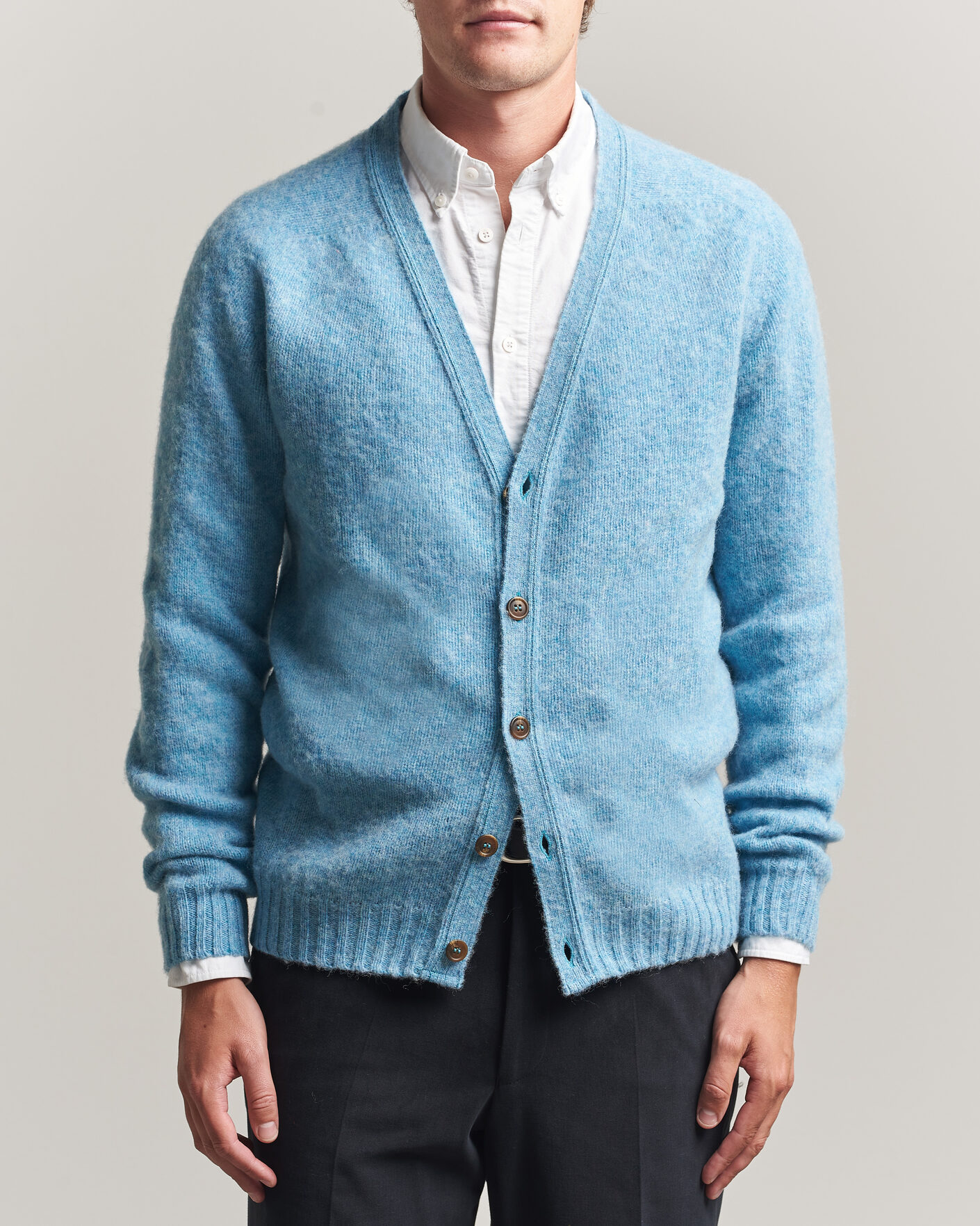 Herr | Tröjor | Harley Of Scotland | Brushed Supersoft Lambswool Cardigan Loch Blue