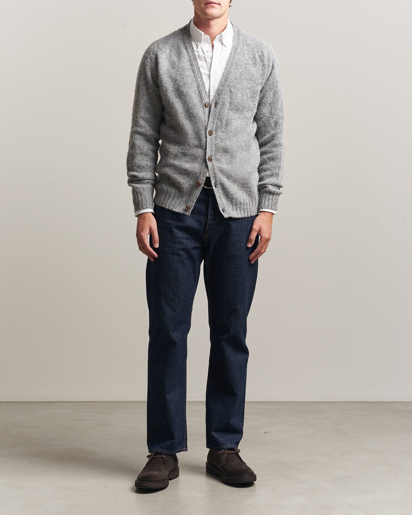 Herr | Tröjor | Harley Of Scotland | Brushed Supersoft Lambswool Cardigan Mid Grey