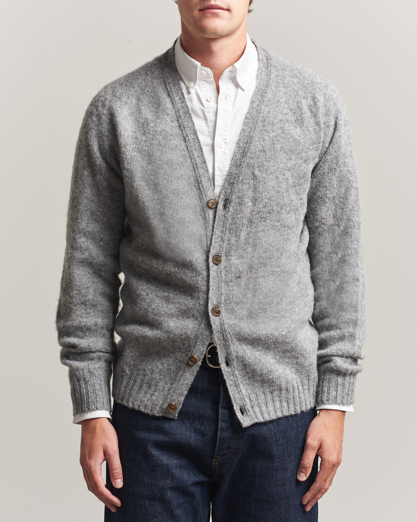 Herr | Tröjor | Harley Of Scotland | Brushed Supersoft Lambswool Cardigan Mid Grey