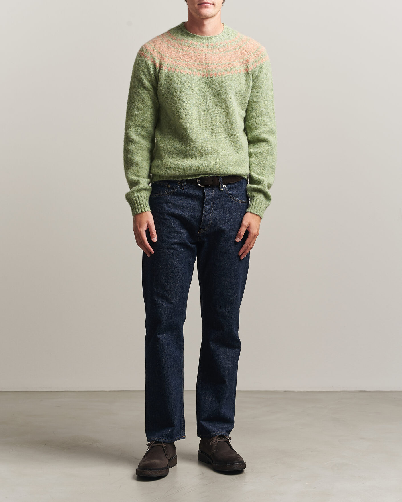 Herr | Tröjor | Harley Of Scotland | Brushed Supersoft Lambswool Yolk Fairisle Sage/Parfait