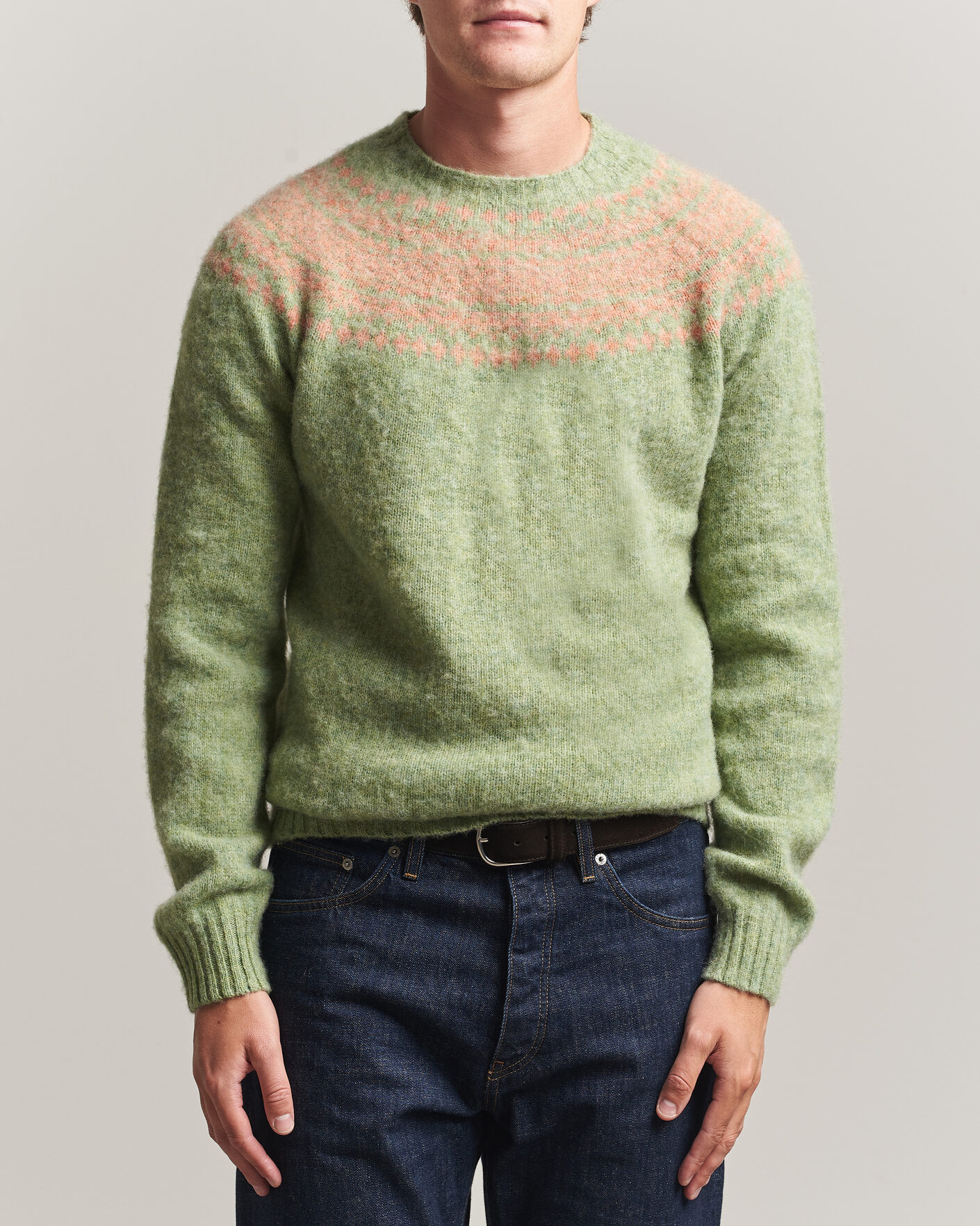 Herr | Tröjor | Harley Of Scotland | Brushed Supersoft Lambswool Yolk Fairisle Sage/Parfait