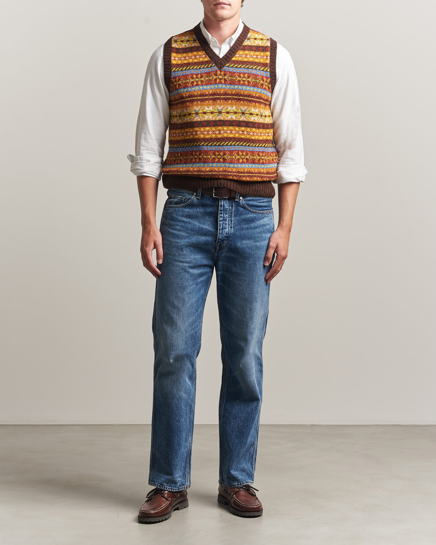 Herr | Tröjor | Harley Of Scotland | Supersoft 2ply Lambswool Fairisle Vest Marron