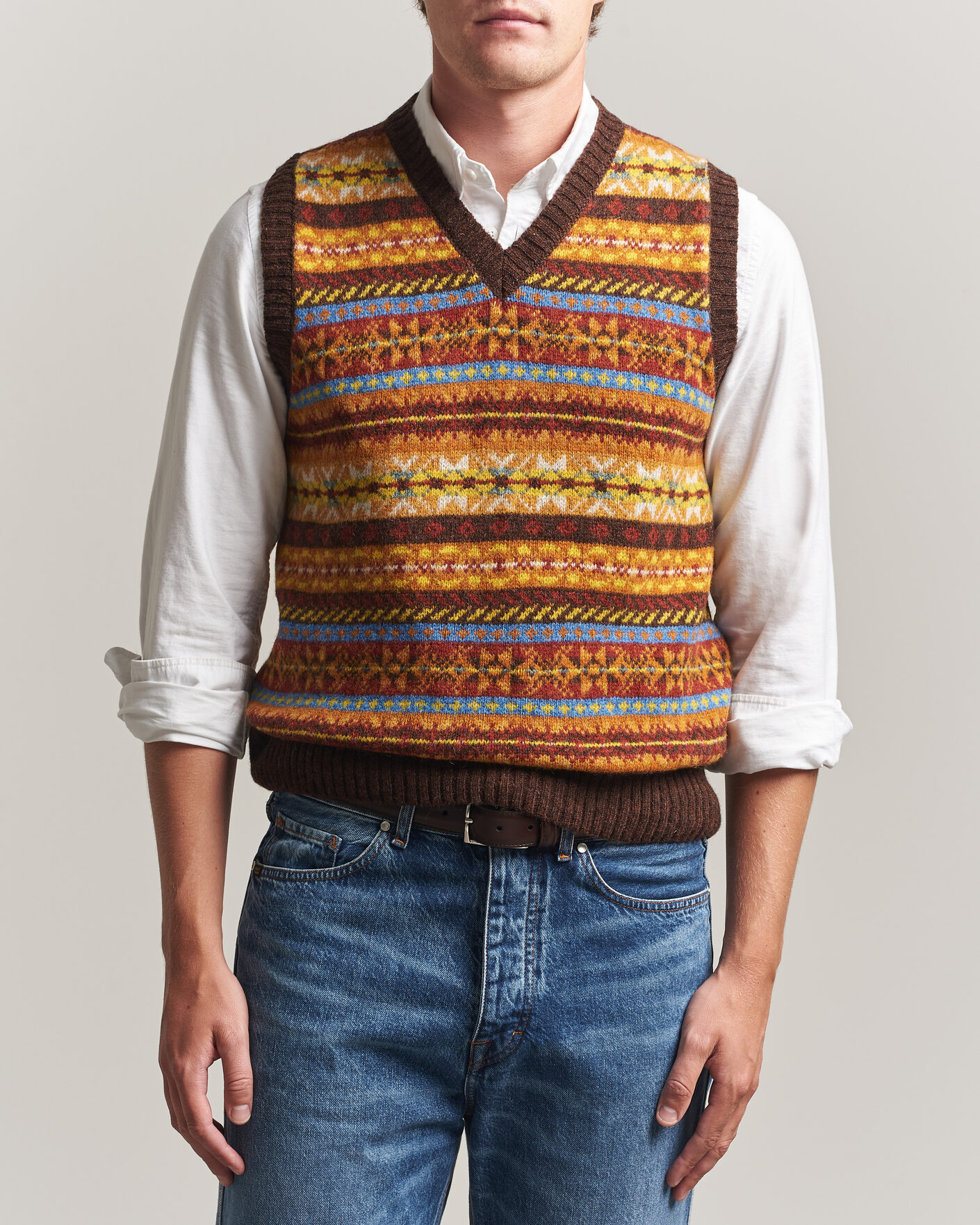 Herr | Tröjor | Harley Of Scotland | Supersoft 2ply Lambswool Fairisle Vest Marron