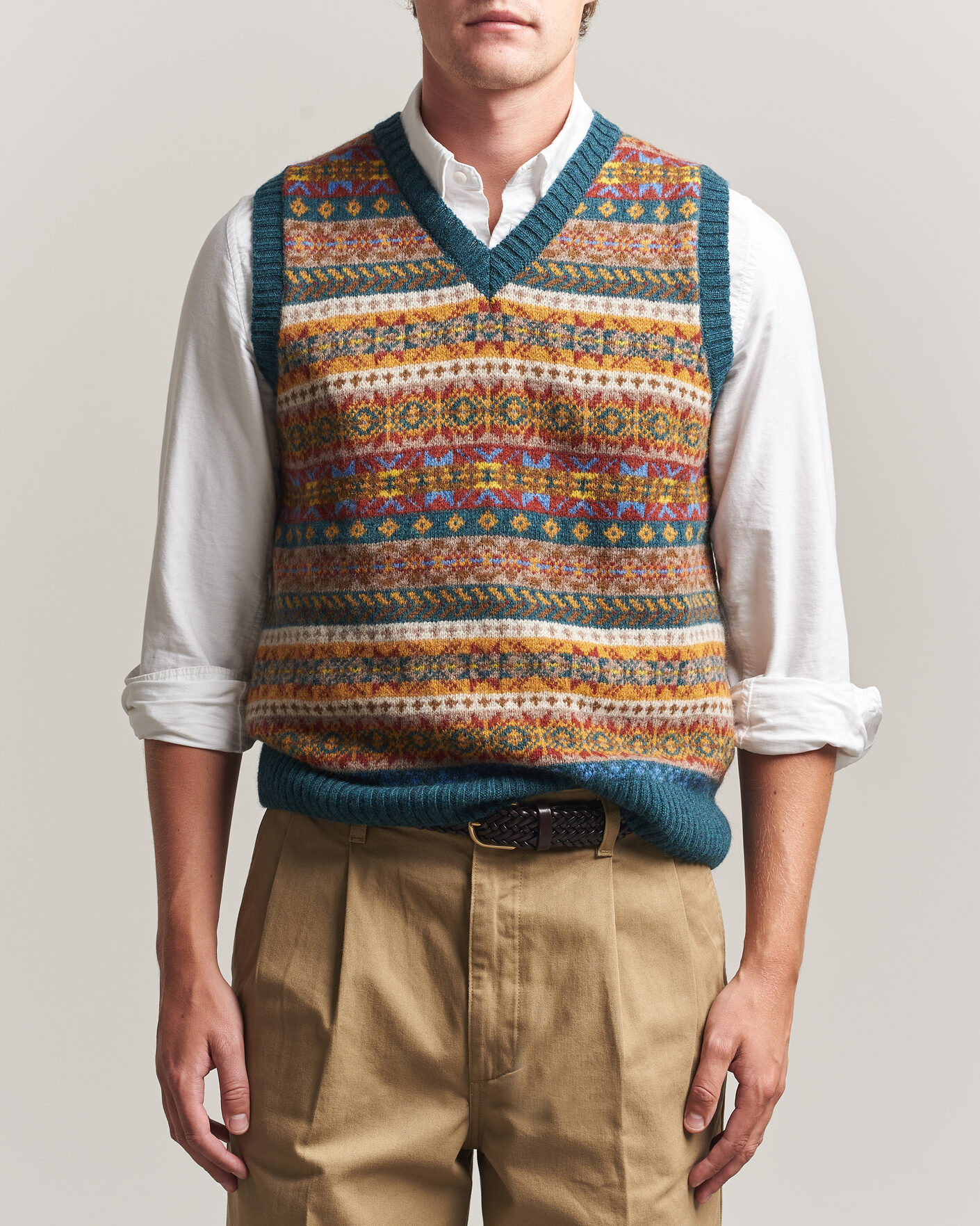 Herr | Tröjor | Harley Of Scotland | Supersoft 2ply Lambswool Fairisle Vest Tempest
