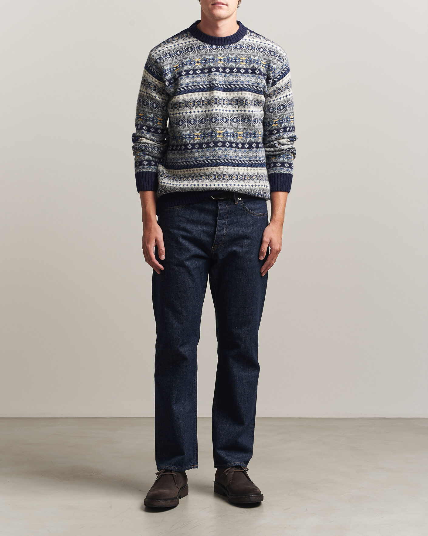 Herr | Tröjor | Harley Of Scotland | Supersoft 2ply Lambswool Fairisle Crew Navy