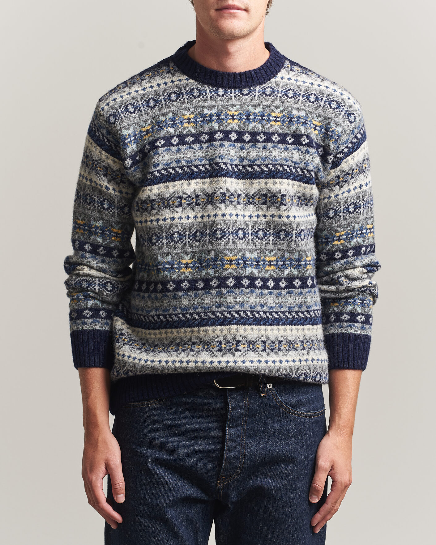 Herr | Tröjor | Harley Of Scotland | Supersoft 2ply Lambswool Fairisle Crew Navy