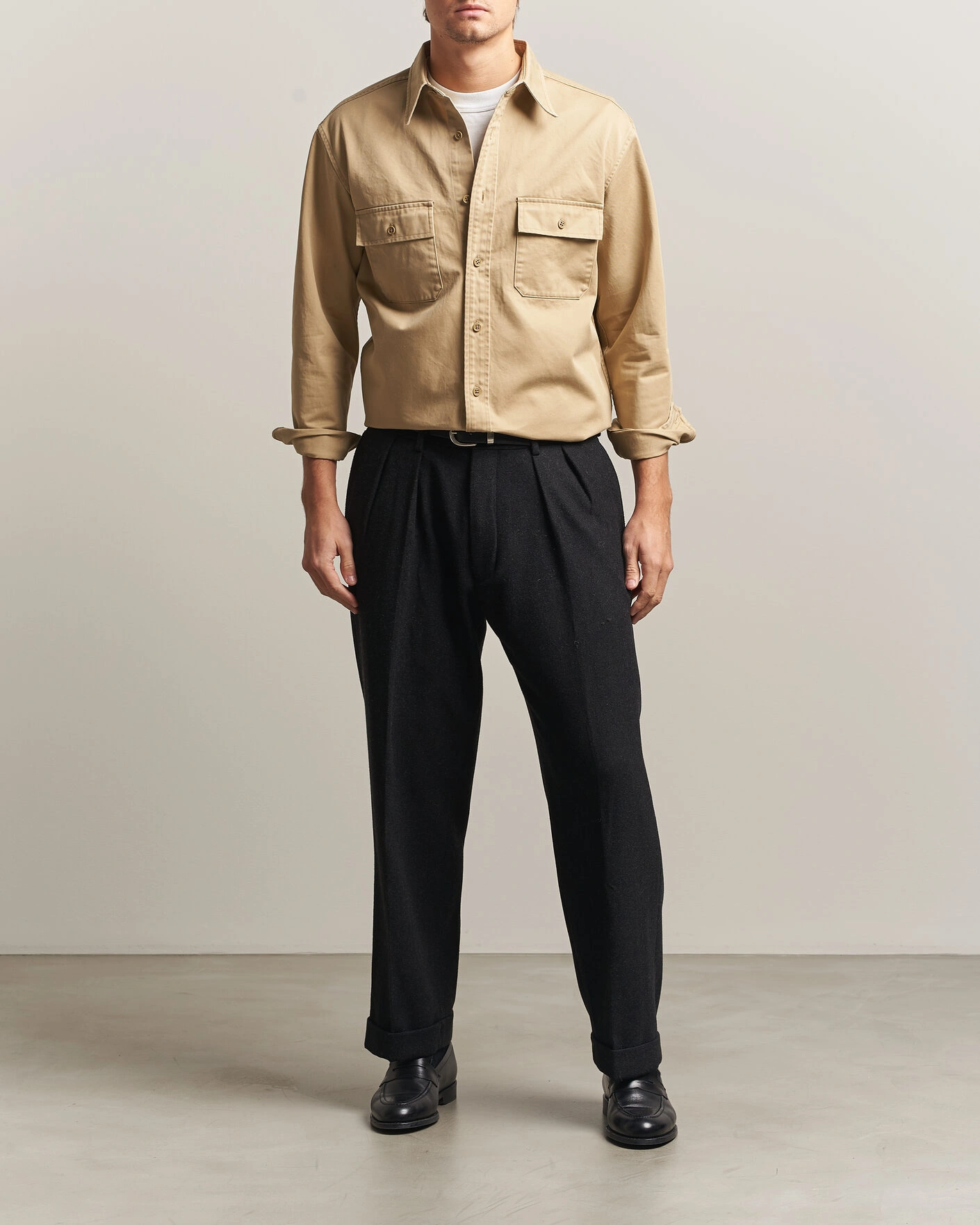 Herr | Skjortor | Kamakura Shirts | Cotton Twill CPO Overshirt Beige