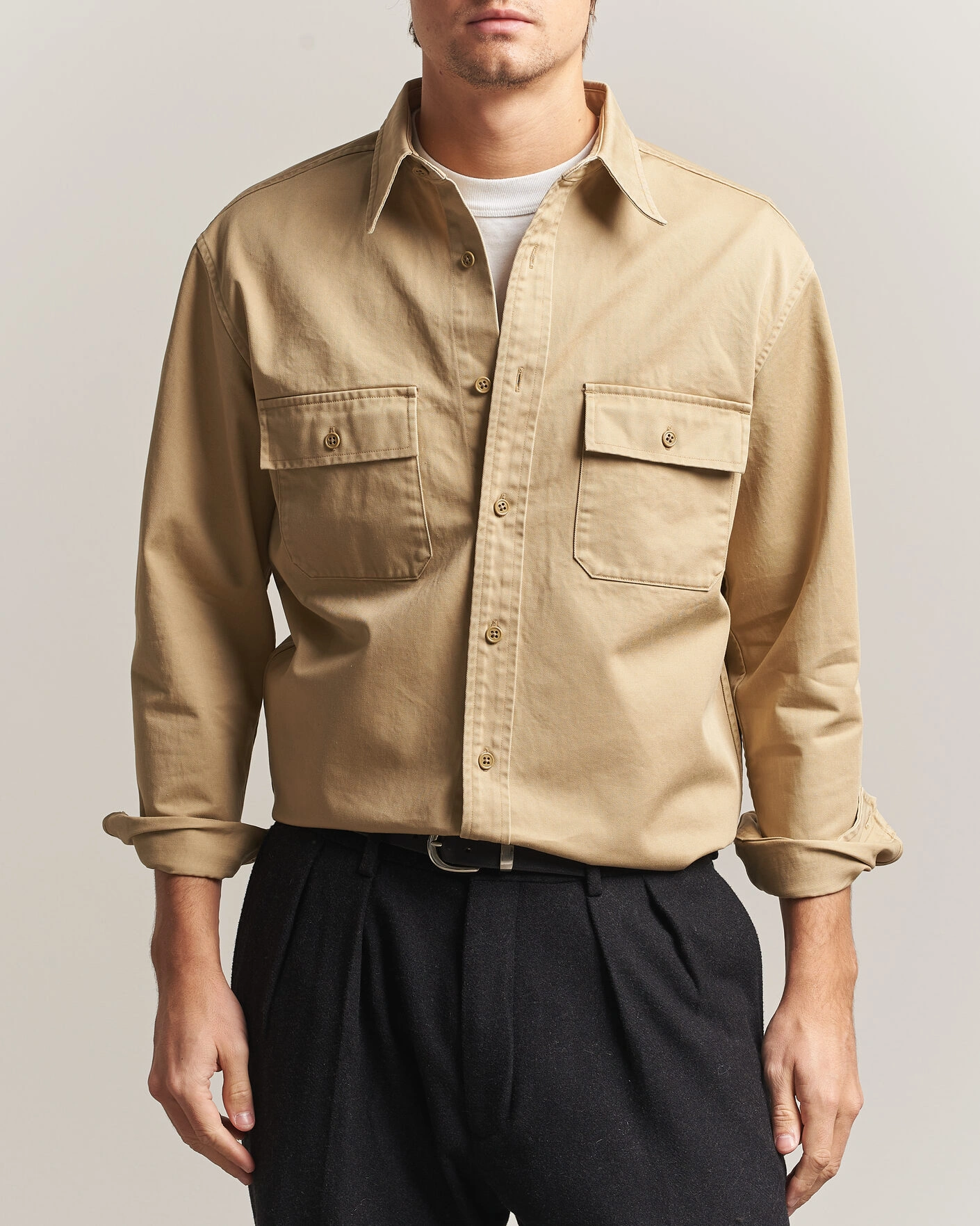 Herr | Skjortor | Kamakura Shirts | Cotton Twill CPO Overshirt Beige