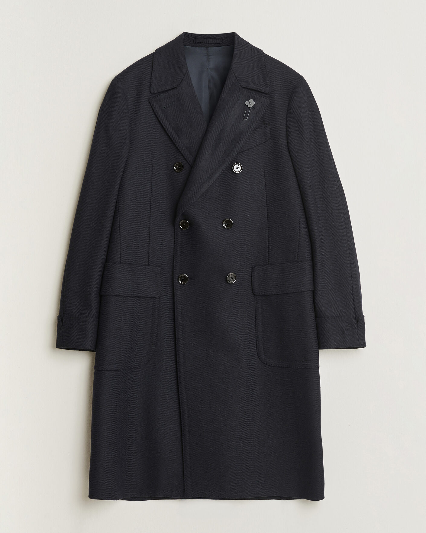 Herr | Jackor | Lardini | Ulster Wool/Cashmere Tonal Herringbone Coat Navy