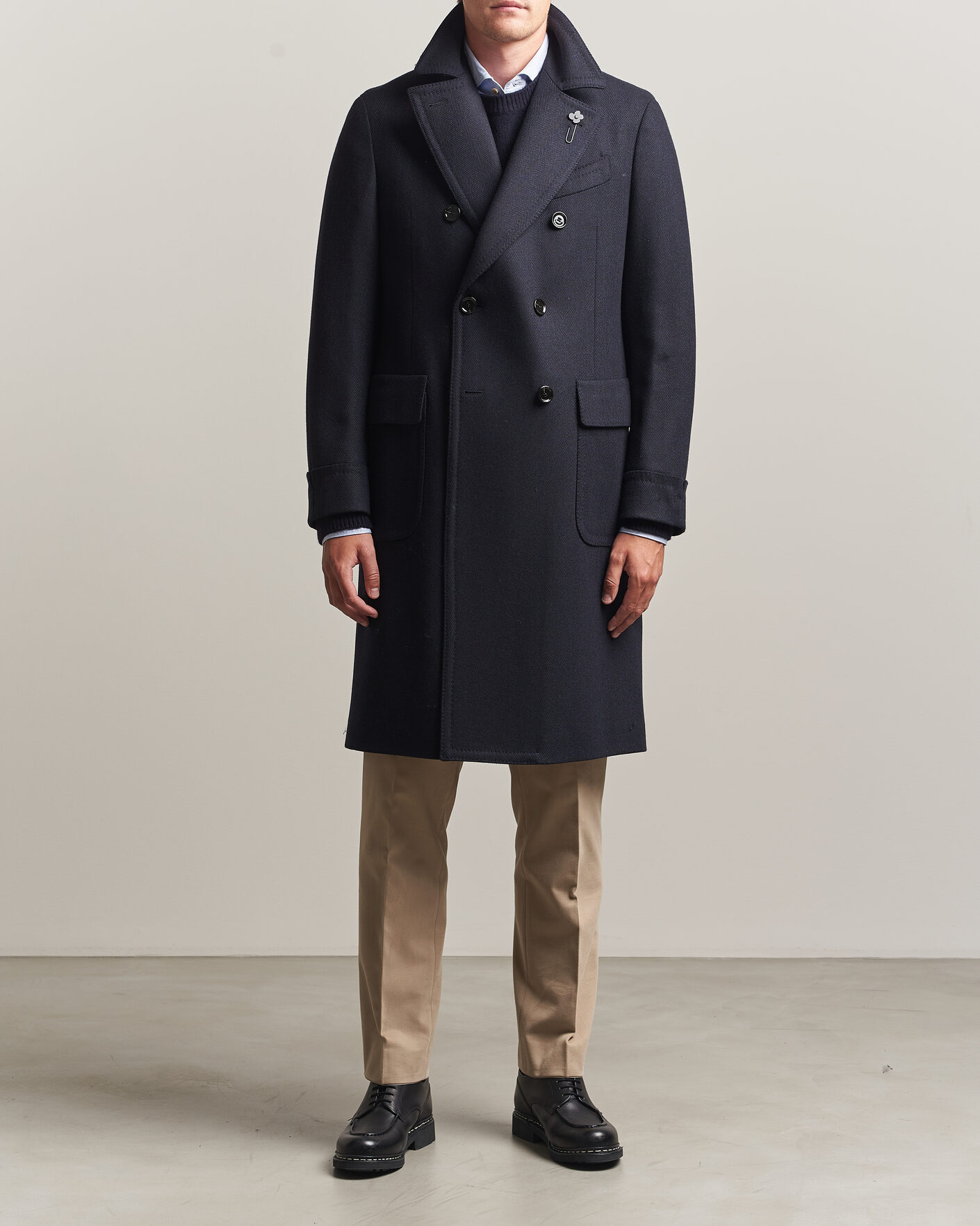 Herr | Jackor | Lardini | Ulster Wool/Cashmere Tonal Herringbone Coat Navy