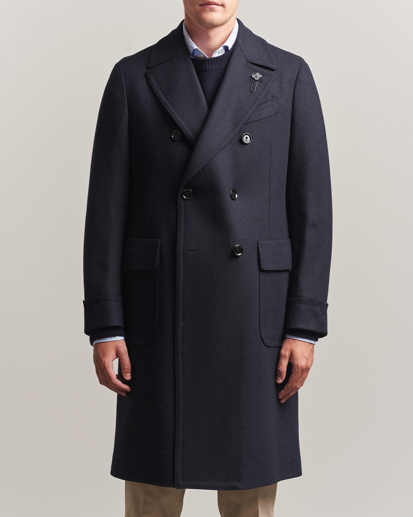 Herr | Jackor | Lardini | Ulster Wool/Cashmere Tonal Herringbone Coat Navy