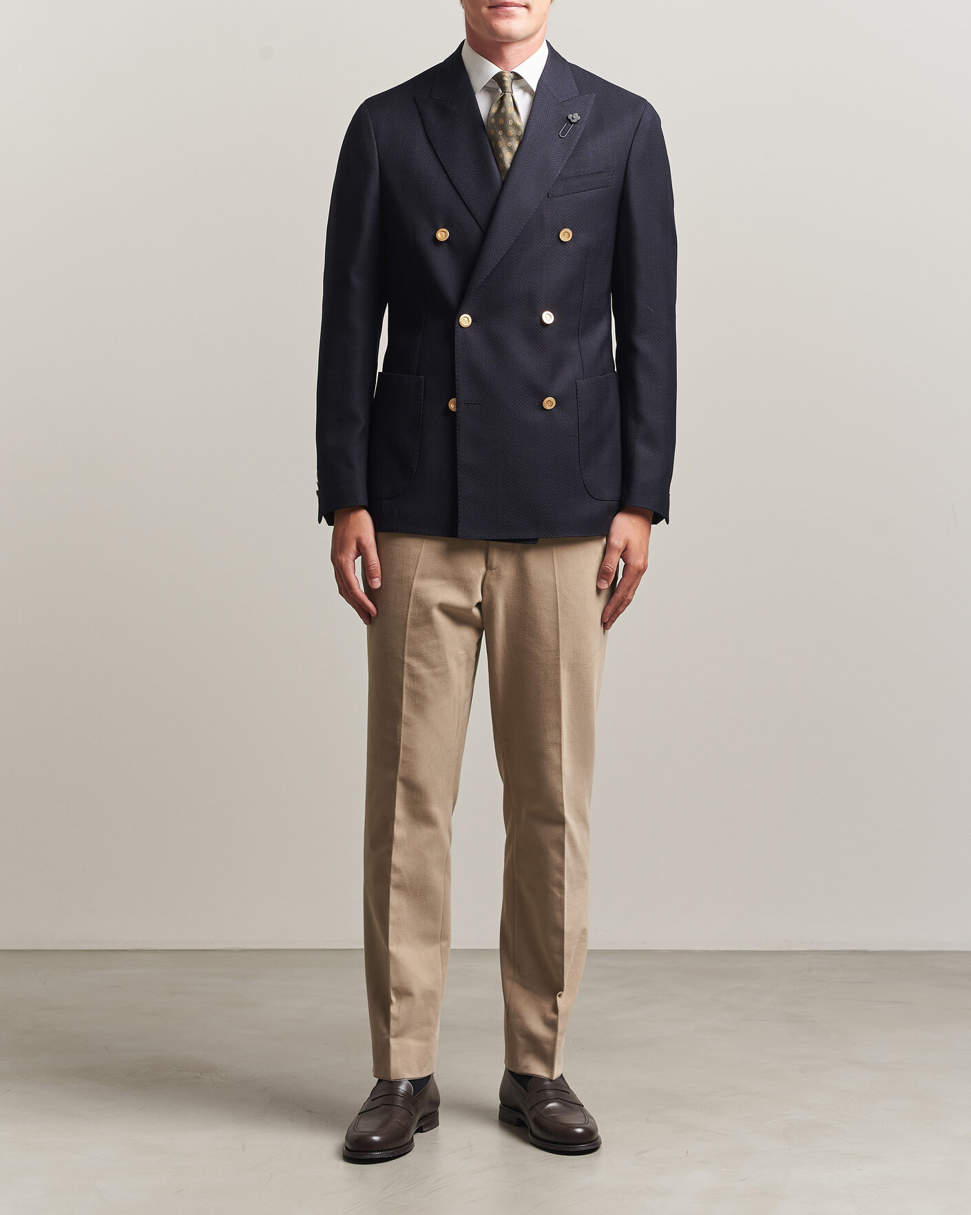 Herr | Kavajer | Lardini | Double Breasted Herringbone Wool Blazer Navy