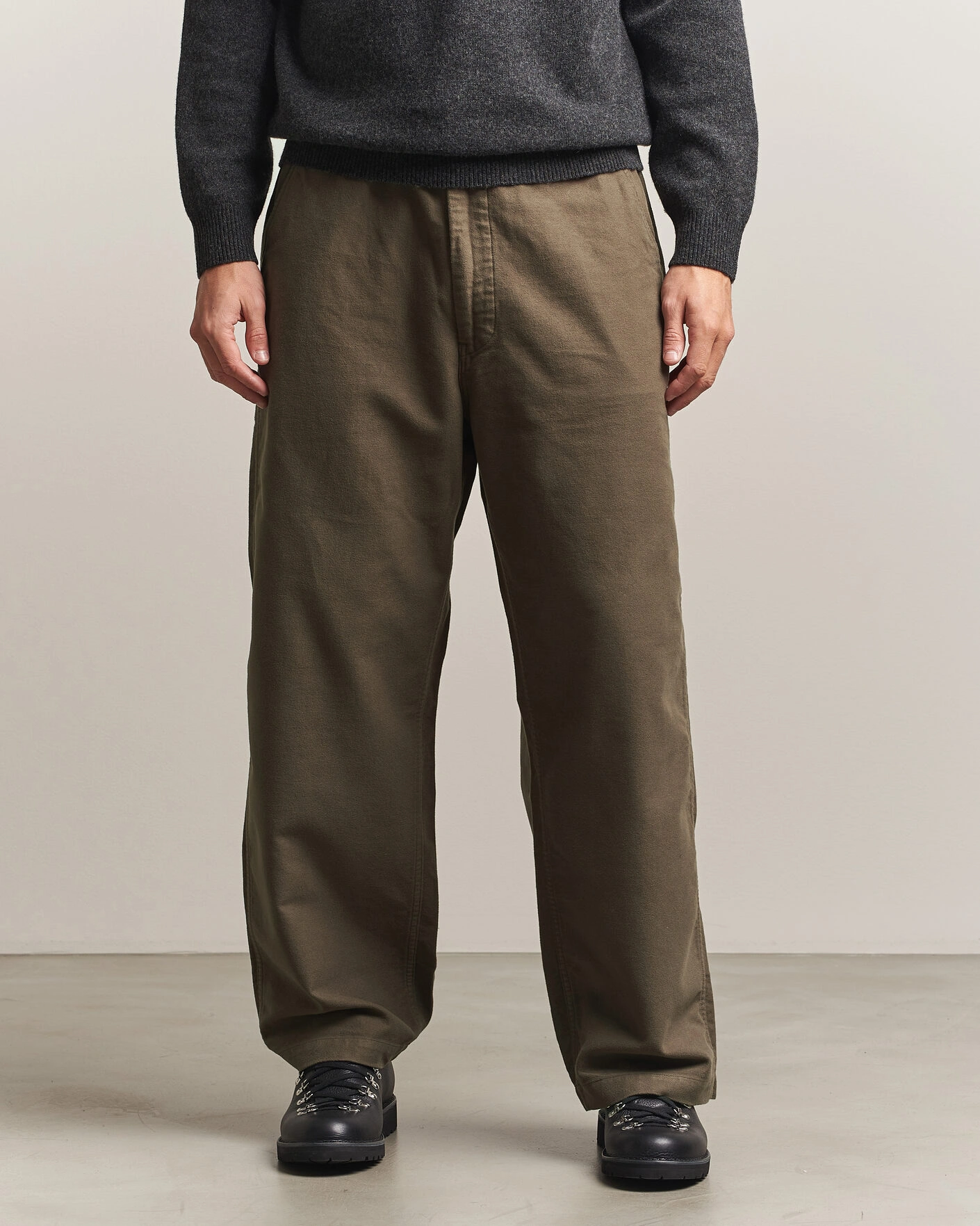 Herr | Byxor | orSlow | Wide Fit New Yorker Brushed Trousers Moss Gray