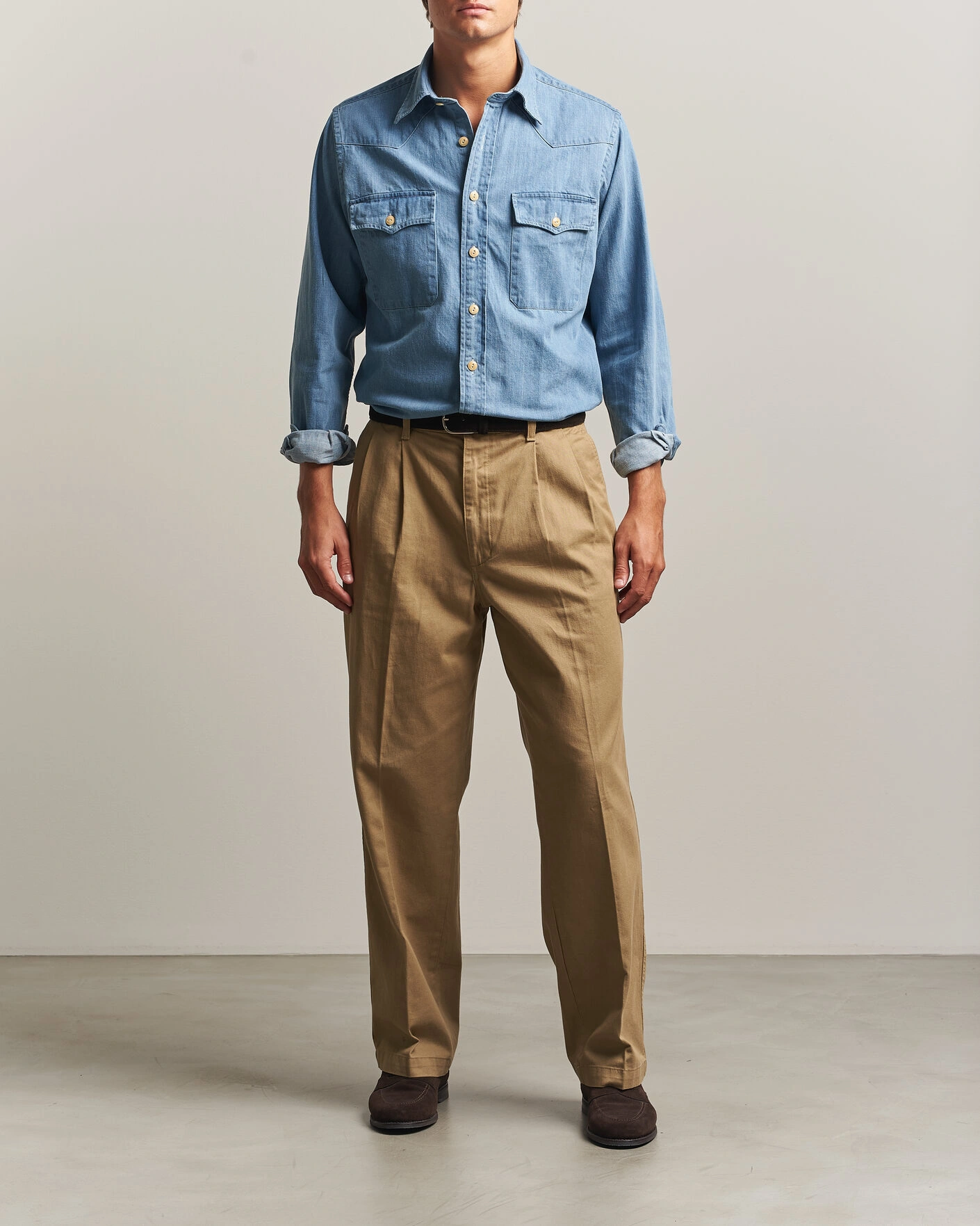 Herr | Skjortor | Drake's | Denim Western Shirt Bleached Blue