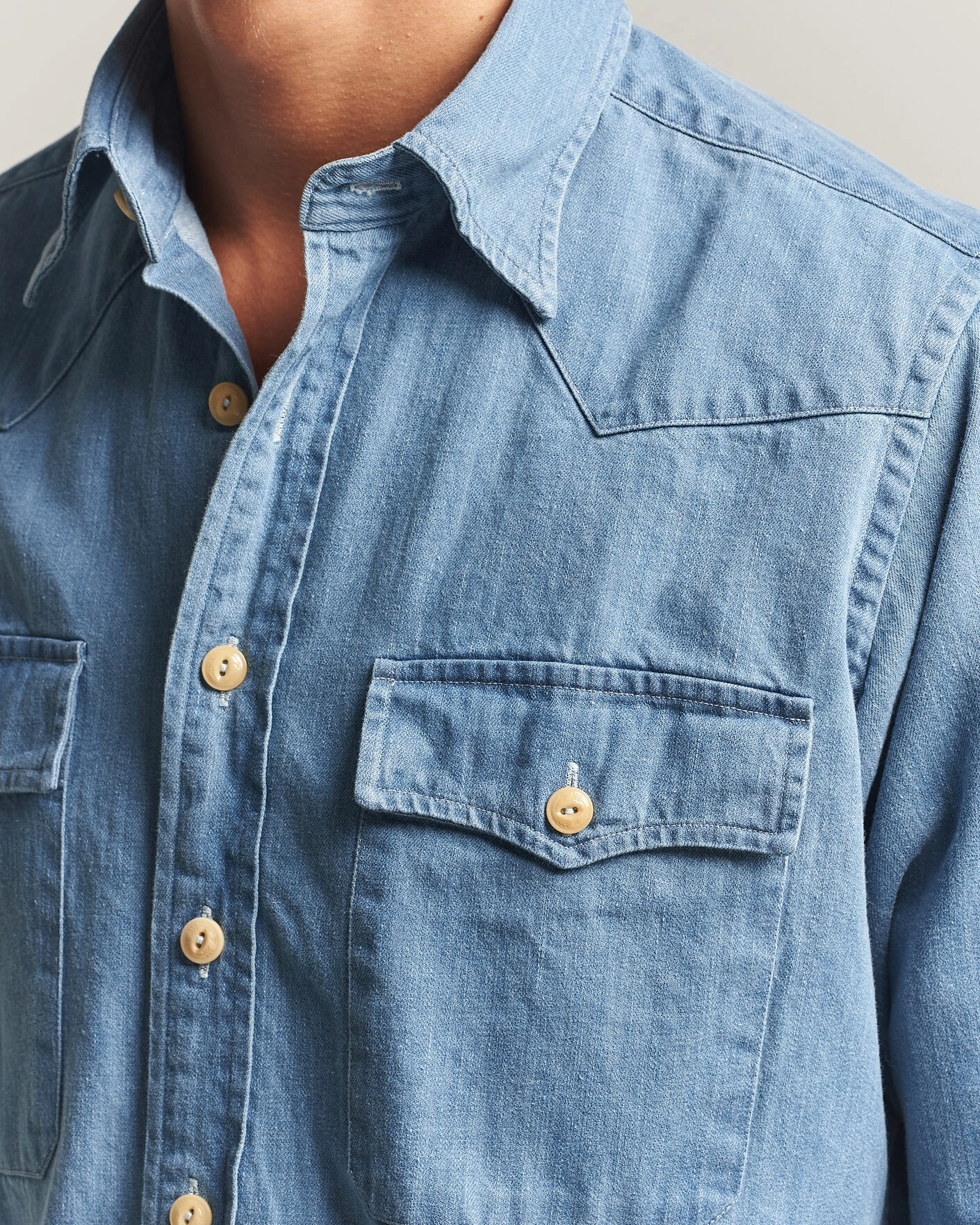 Herr | Skjortor | Drake's | Denim Western Shirt Bleached Blue
