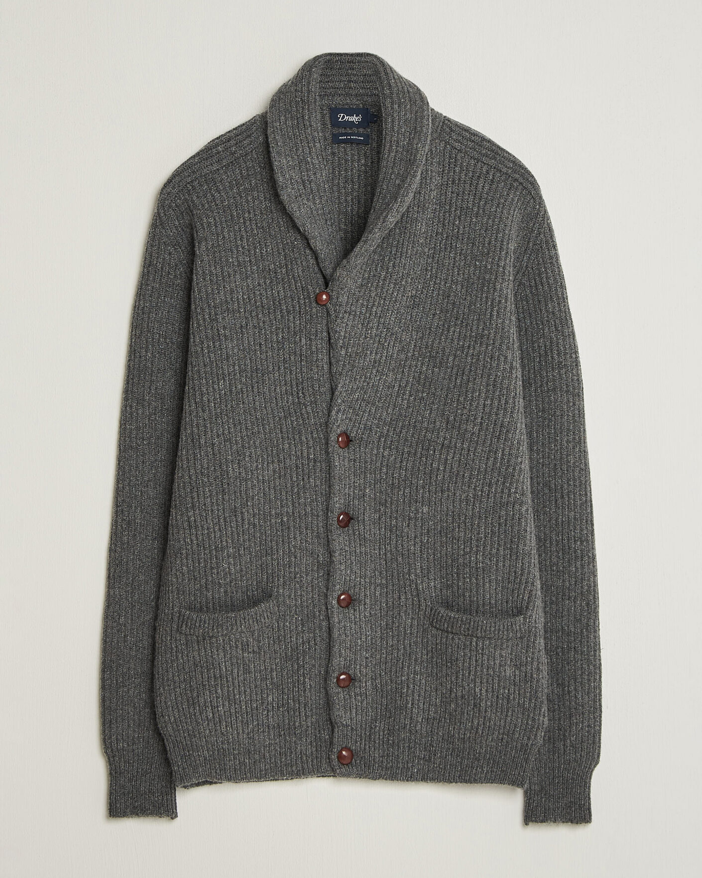 Herr | Tröjor | Drake's | Lambswool Shawl Collar Rib Cardigan Grey