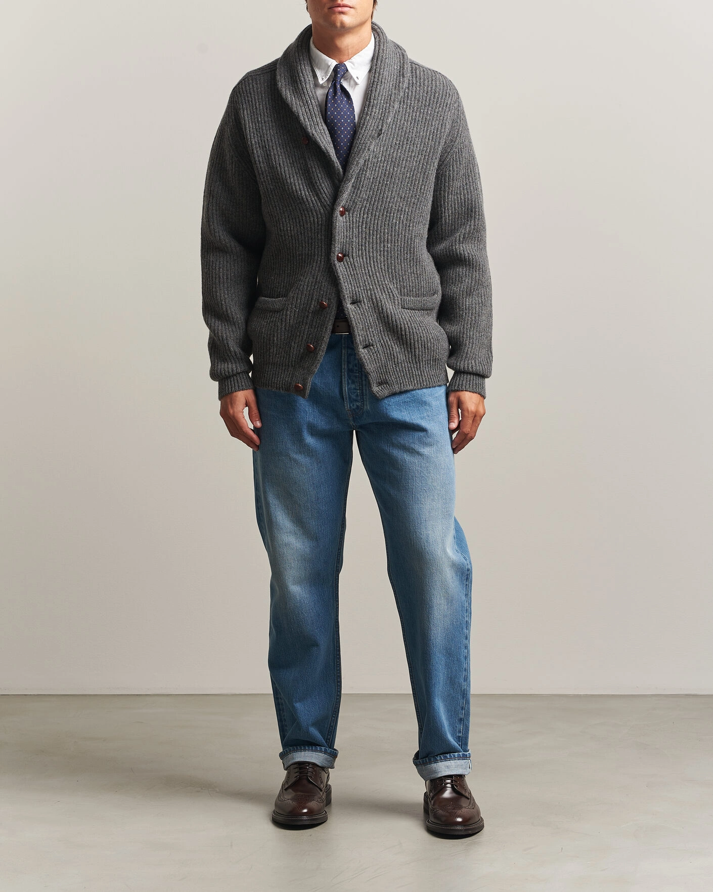 Herr | Tröjor | Drake's | Lambswool Shawl Collar Rib Cardigan Grey