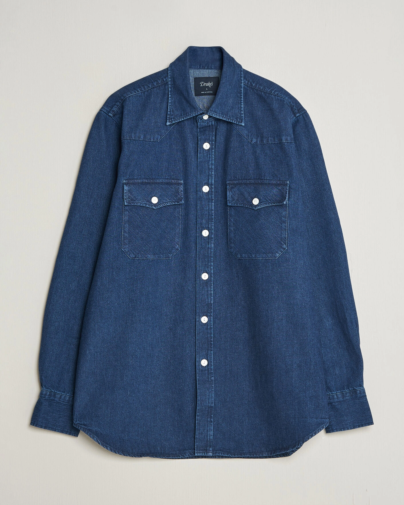 Herr | Skjortor | Drake's | Western Selvedge Denim Shirt Stone Wash Indigo