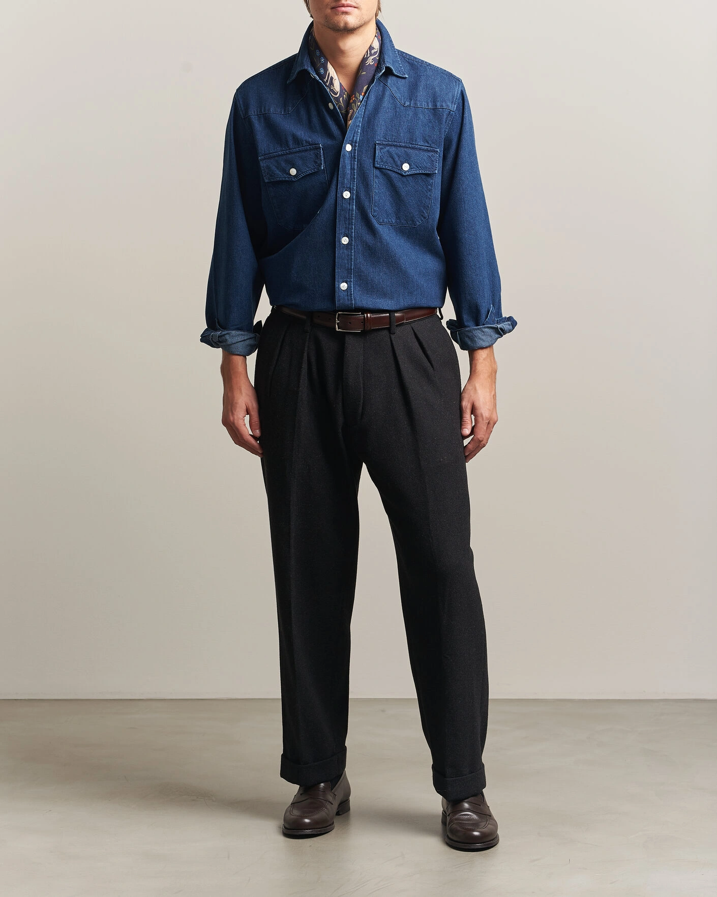 Herr | Skjortor | Drake's | Western Selvedge Denim Shirt Stone Wash Indigo