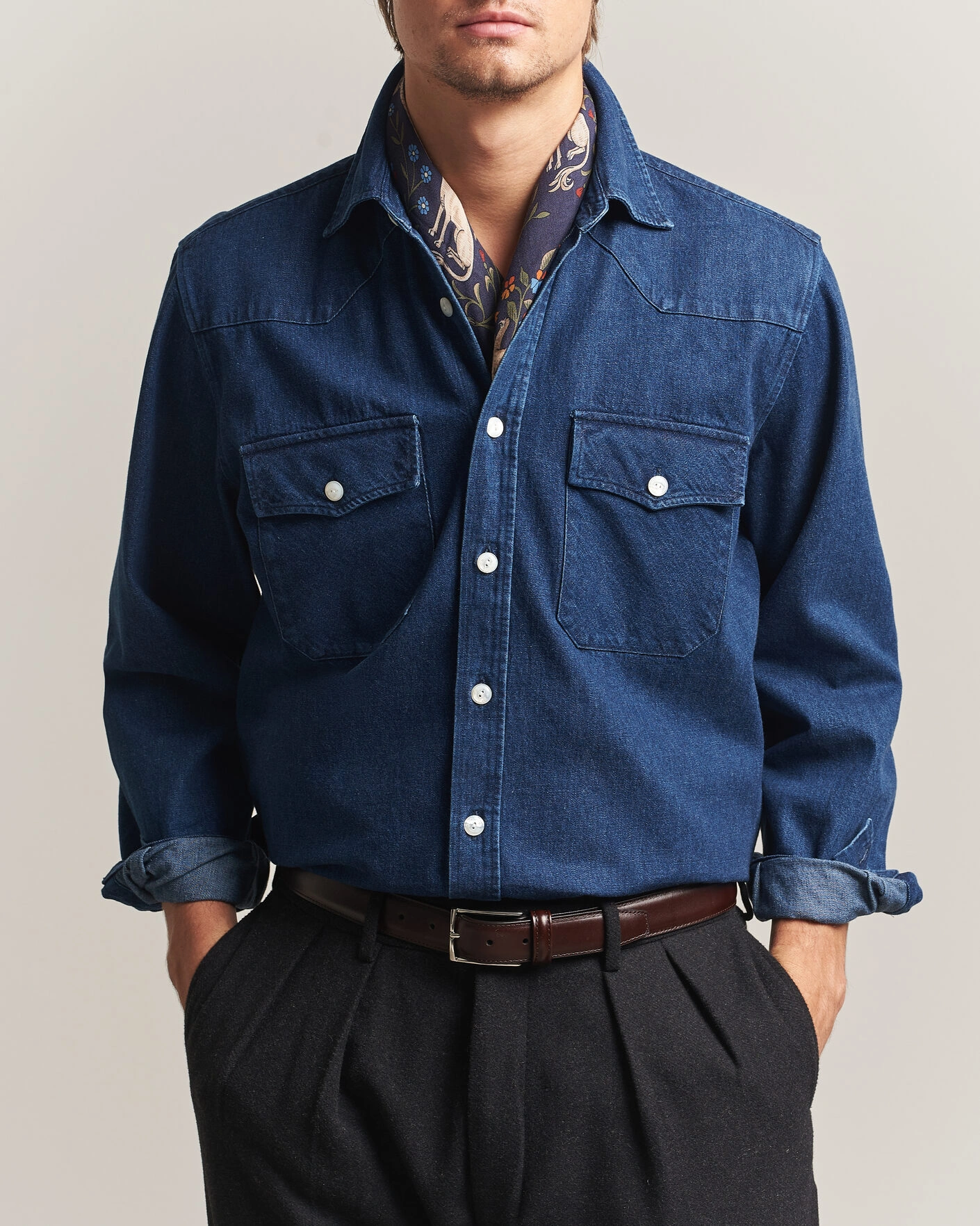 Herr | Skjortor | Drake's | Western Selvedge Denim Shirt Stone Wash Indigo