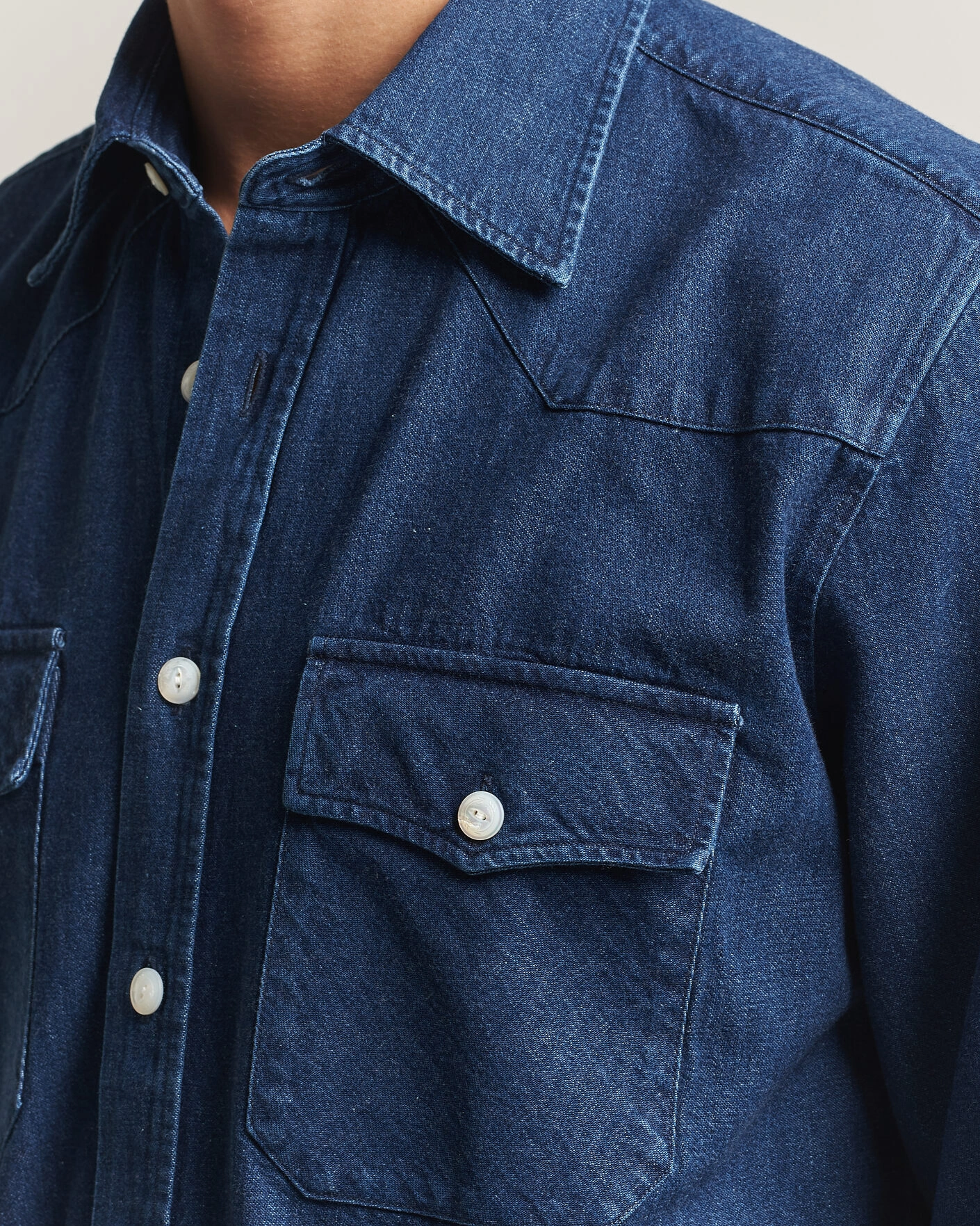 Herr | Skjortor | Drake's | Western Selvedge Denim Shirt Stone Wash Indigo