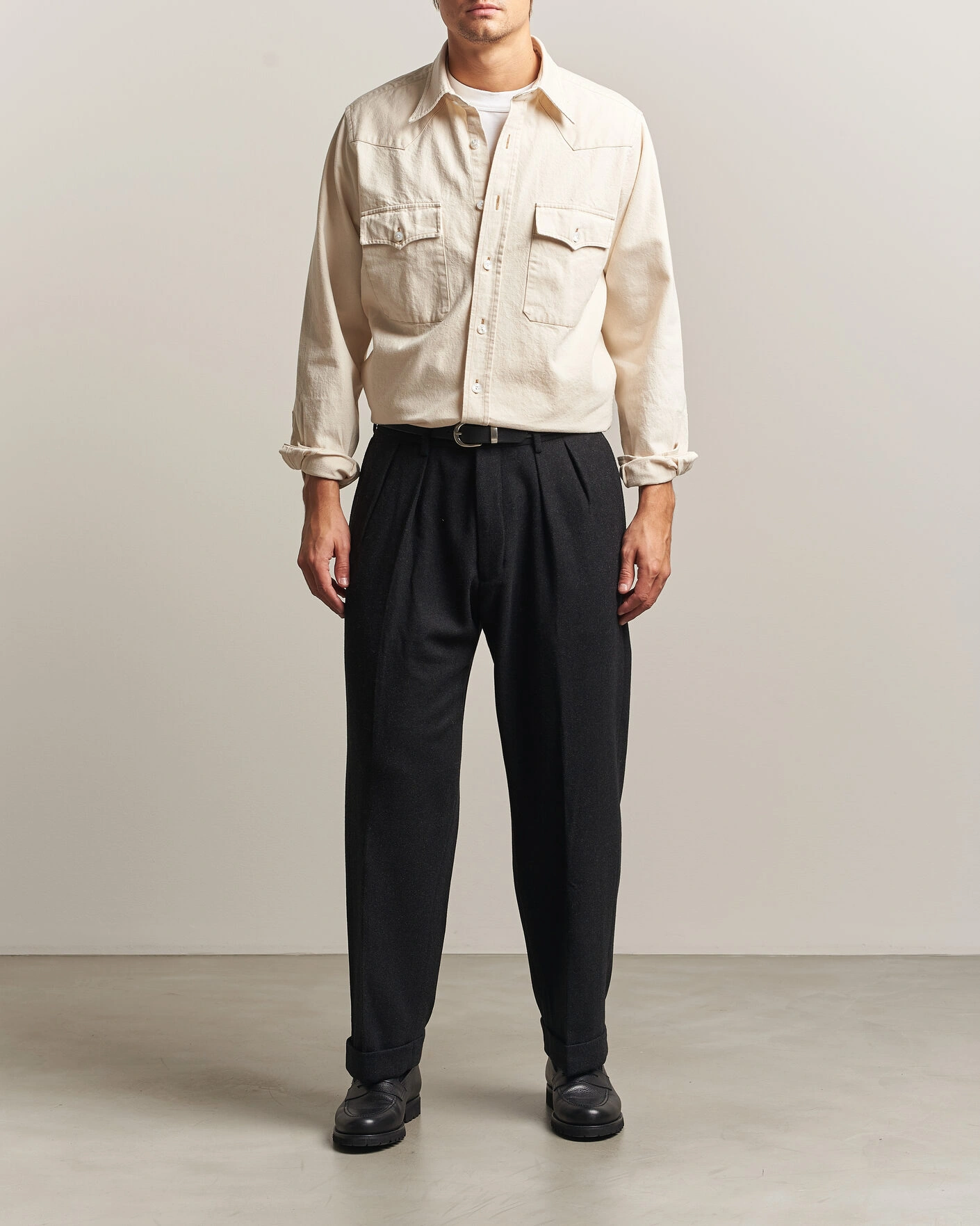 Herr | Skjortor | Drake's | Western Denim Shirt Stone Wash Ecru
