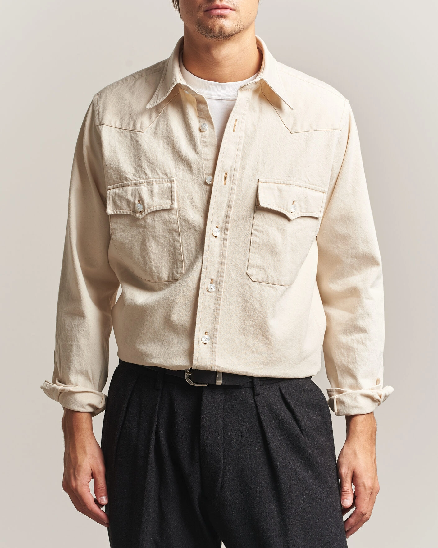Herr | Skjortor | Drake's | Western Denim Shirt Stone Wash Ecru