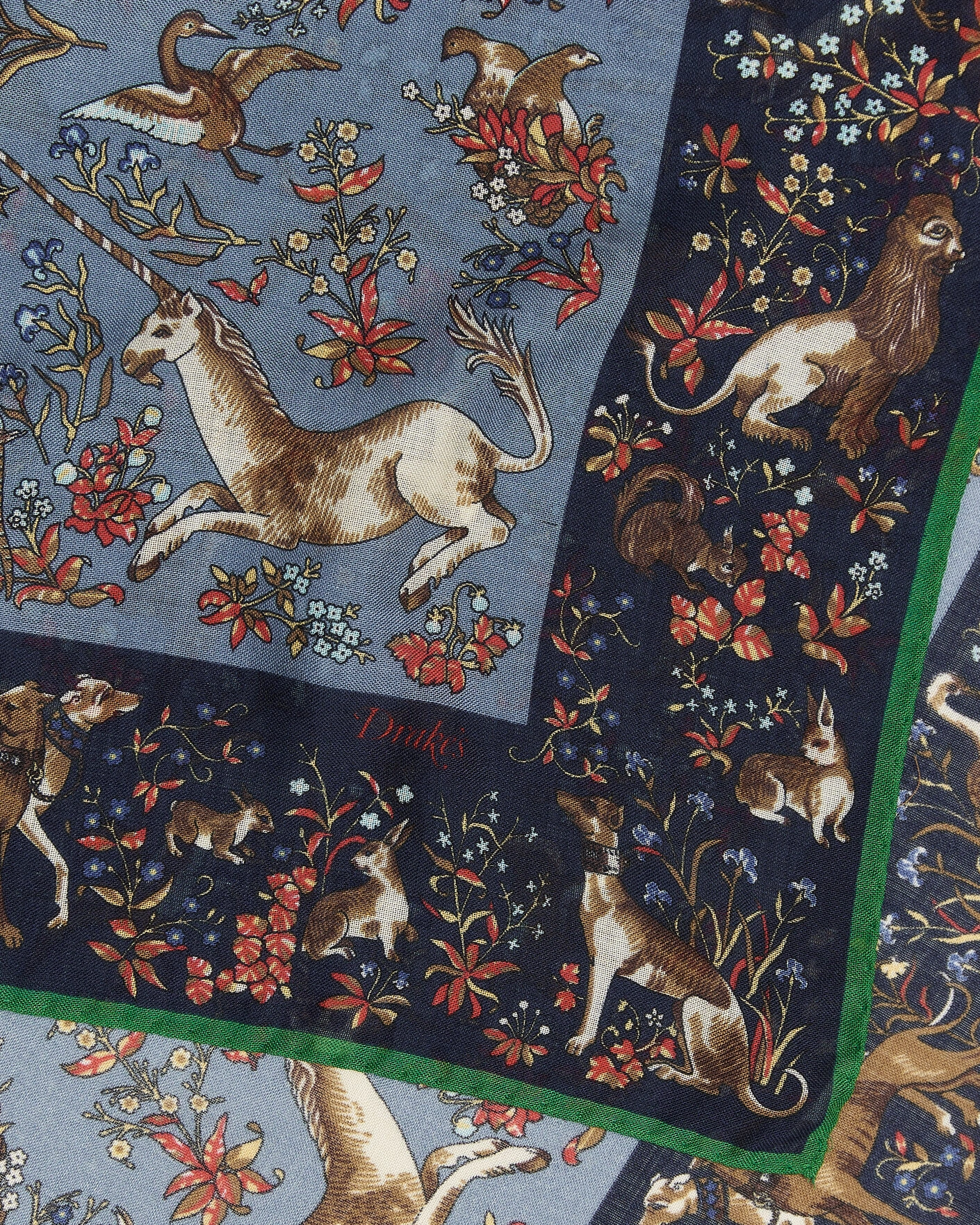 Herr | Scarves | Drake's | Unicorn Tapestry Wool/Silk Bandana Navy