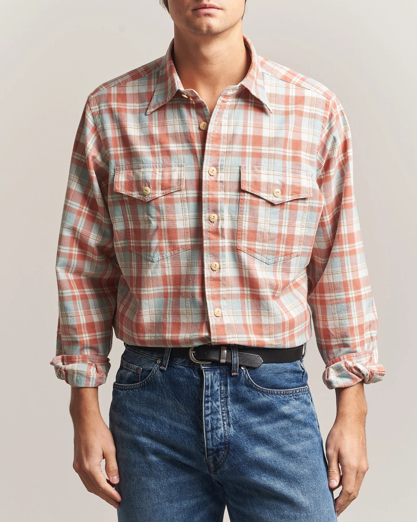 Herr | Skjortor | Drake's | Two Pocket Check Shirt Pink/Blue